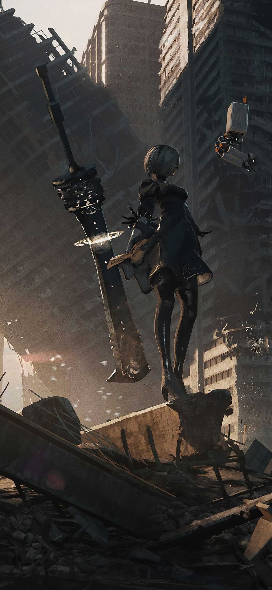 2B, Pod 042, Ruined City, HD Phone wallpaper