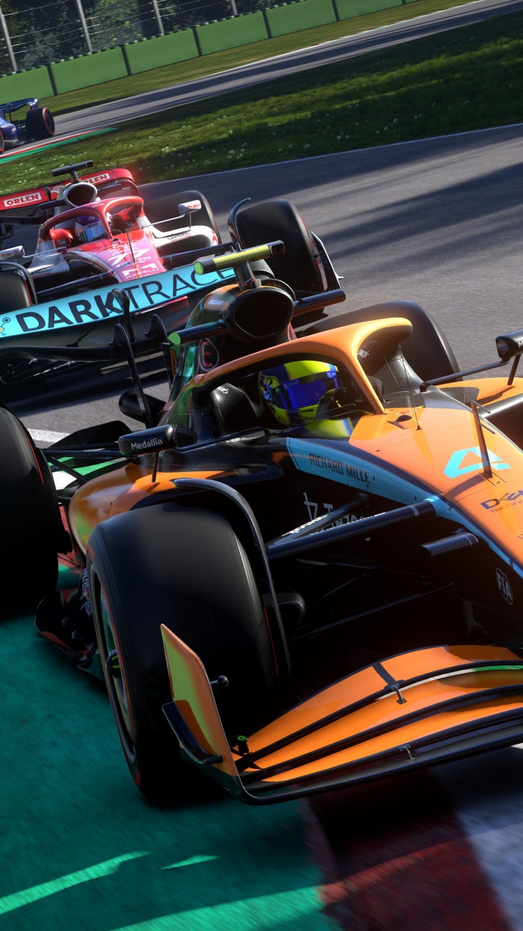 McLaren MCL36 F1 car, Lando Norris helmet, Alfa Romeo C42 F1 car, Full HD Phone wallpaper