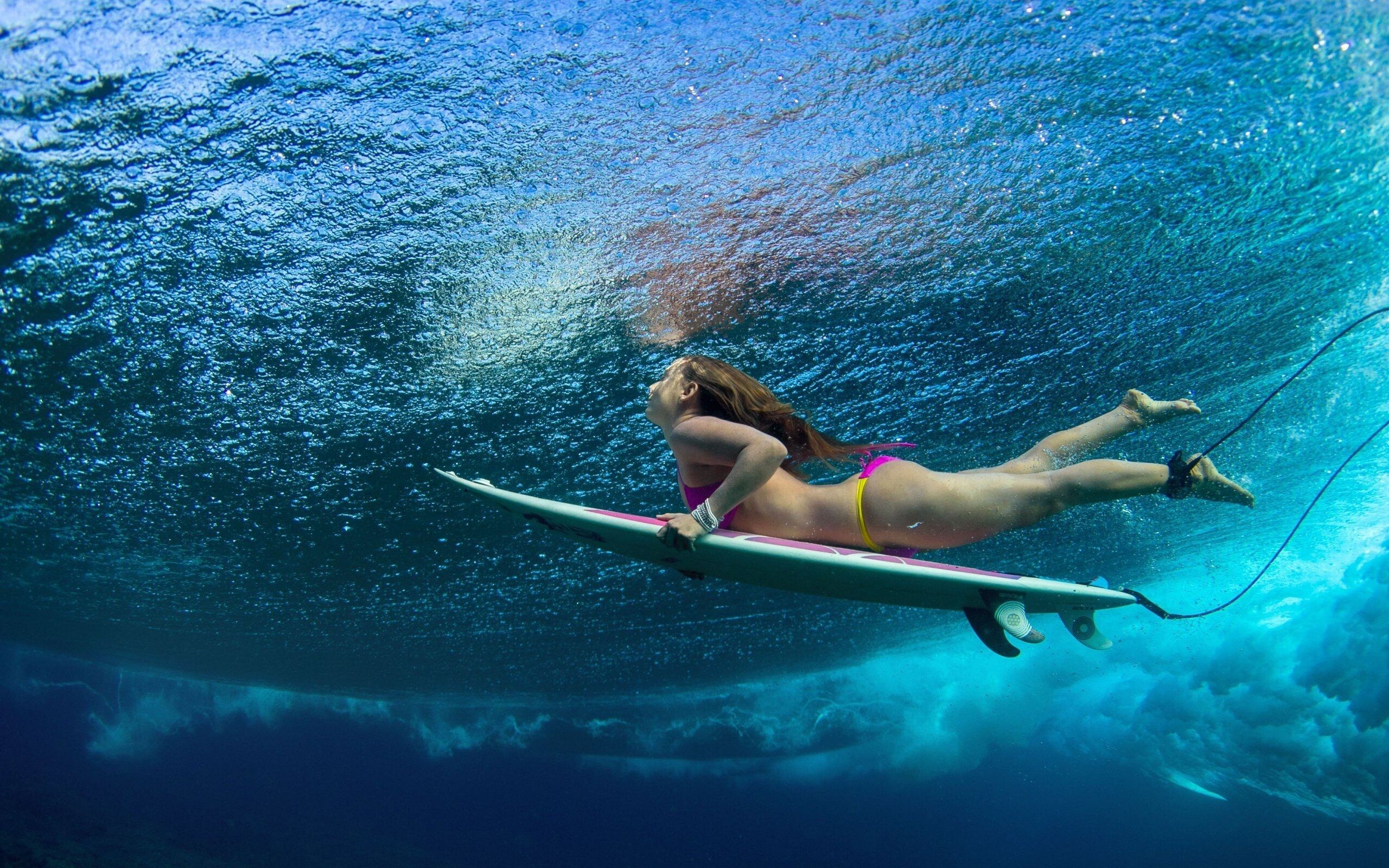 Surfing girl fascination, Wave conqueror, Beach paradise, Adventurous spirit, 2560x1600 HD Desktop