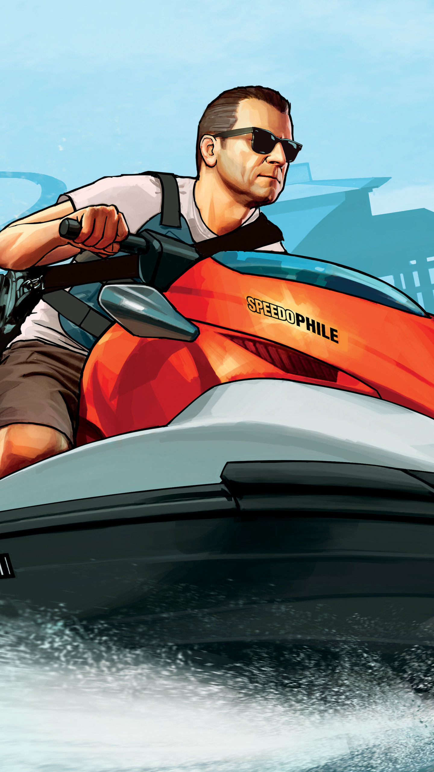 Michael De Santa in sunglasses, Speedophile jet ski, Blue harbor skyline silhouette, HD Phone wallpaper