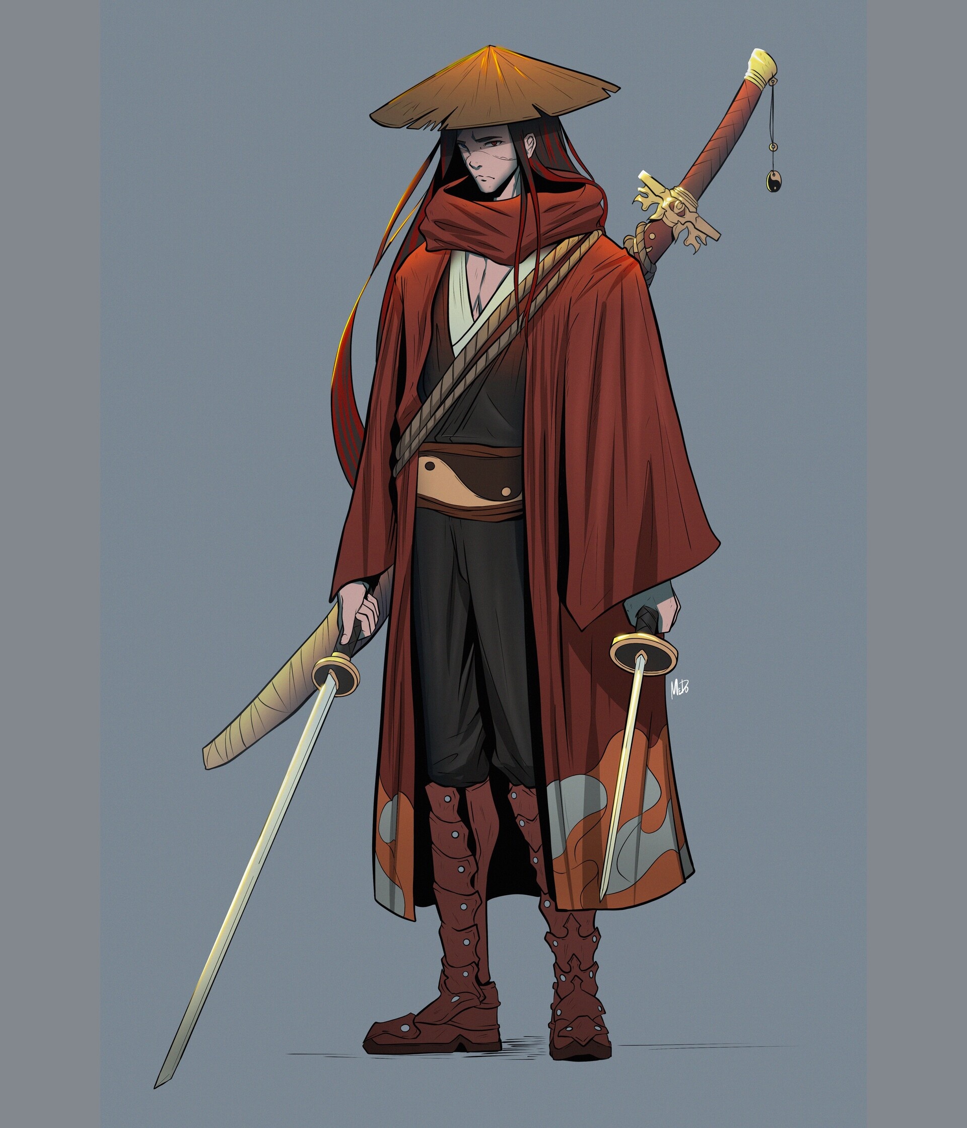 red-robed ronin warrior, conical kasa straw hat, back-slung nodachi sword, HD Phone wallpaper