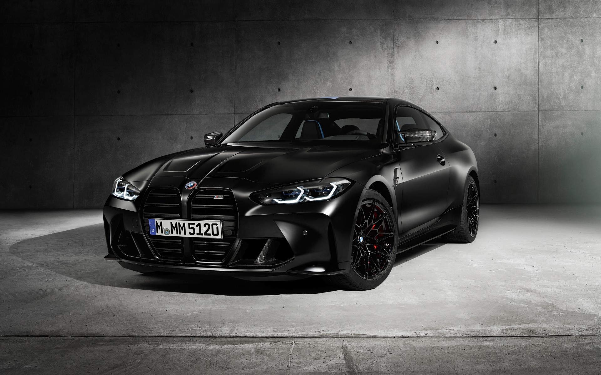 BMW M4 Competition Coupe, Matte black finish, Concrete studio background, HD Desktop wallpaper