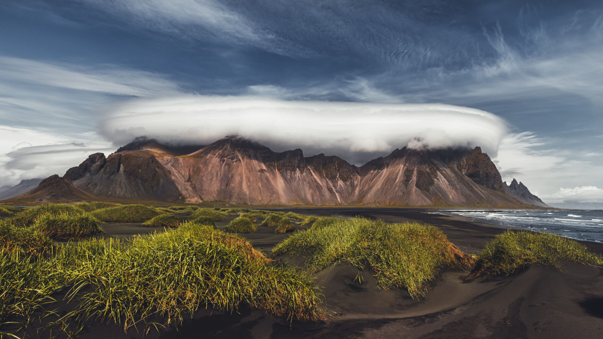 Vestrahorn, Cloudy sky spectacle, Landscape photo, Kde store collection, 1920x1080 Full HD Desktop