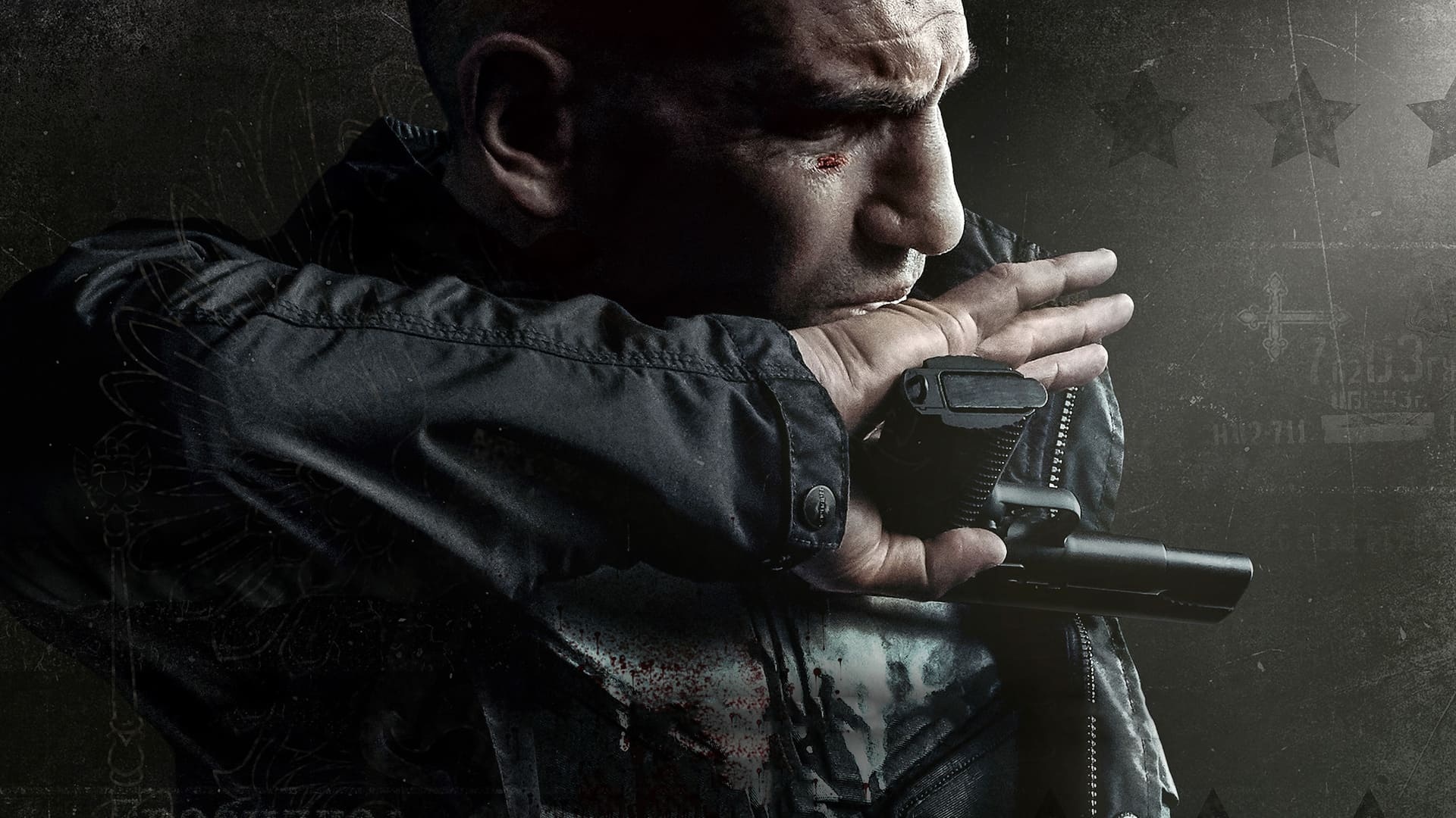 Jon Bernthal as Frank Castle, Punisher skull emblem vest, Tactical handgun grip, Full HD Desktop wallpaper