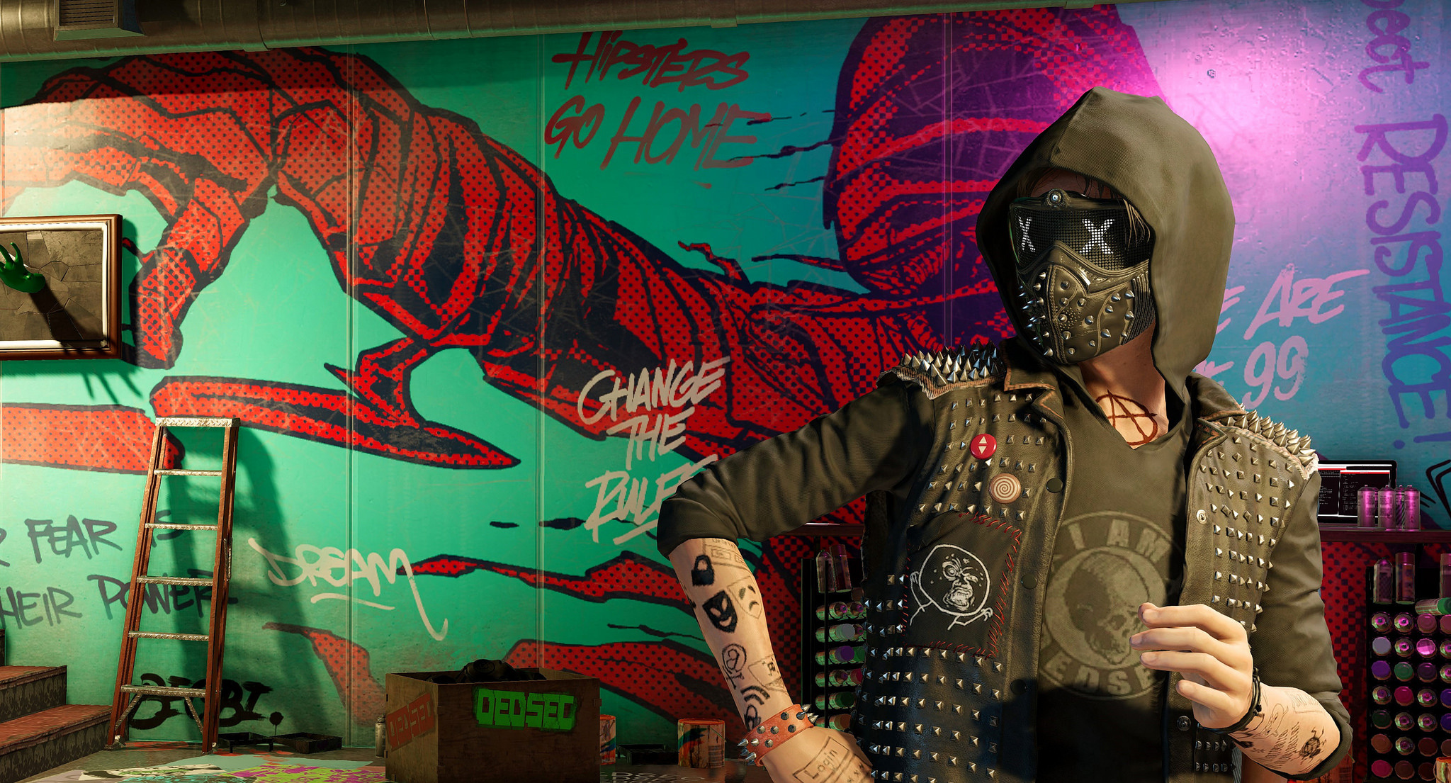 Wrench, DedSec hideout, studded punk vest, HD Desktop wallpaper
