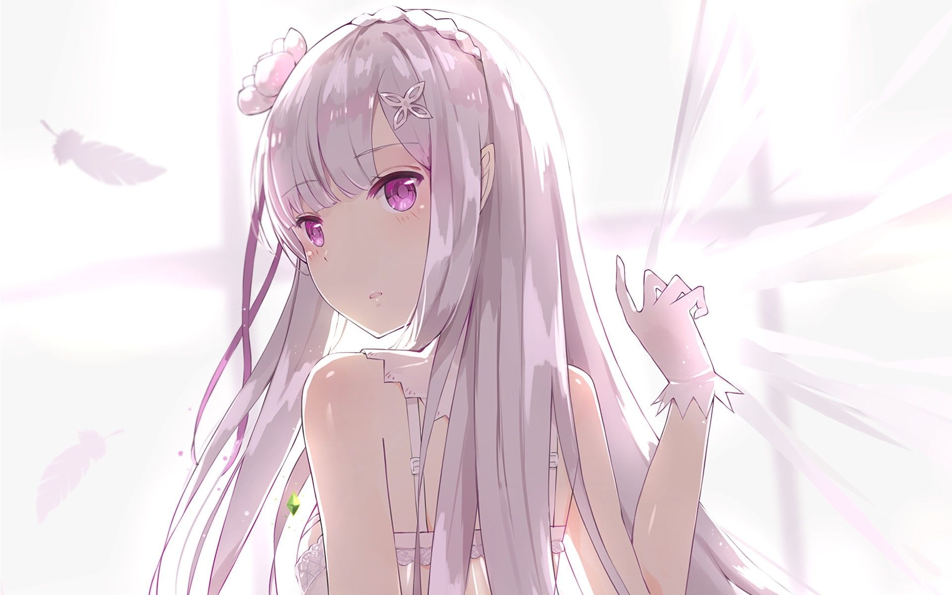 Emilia, Re:Zero, Floating white feathers, HD Desktop wallpaper