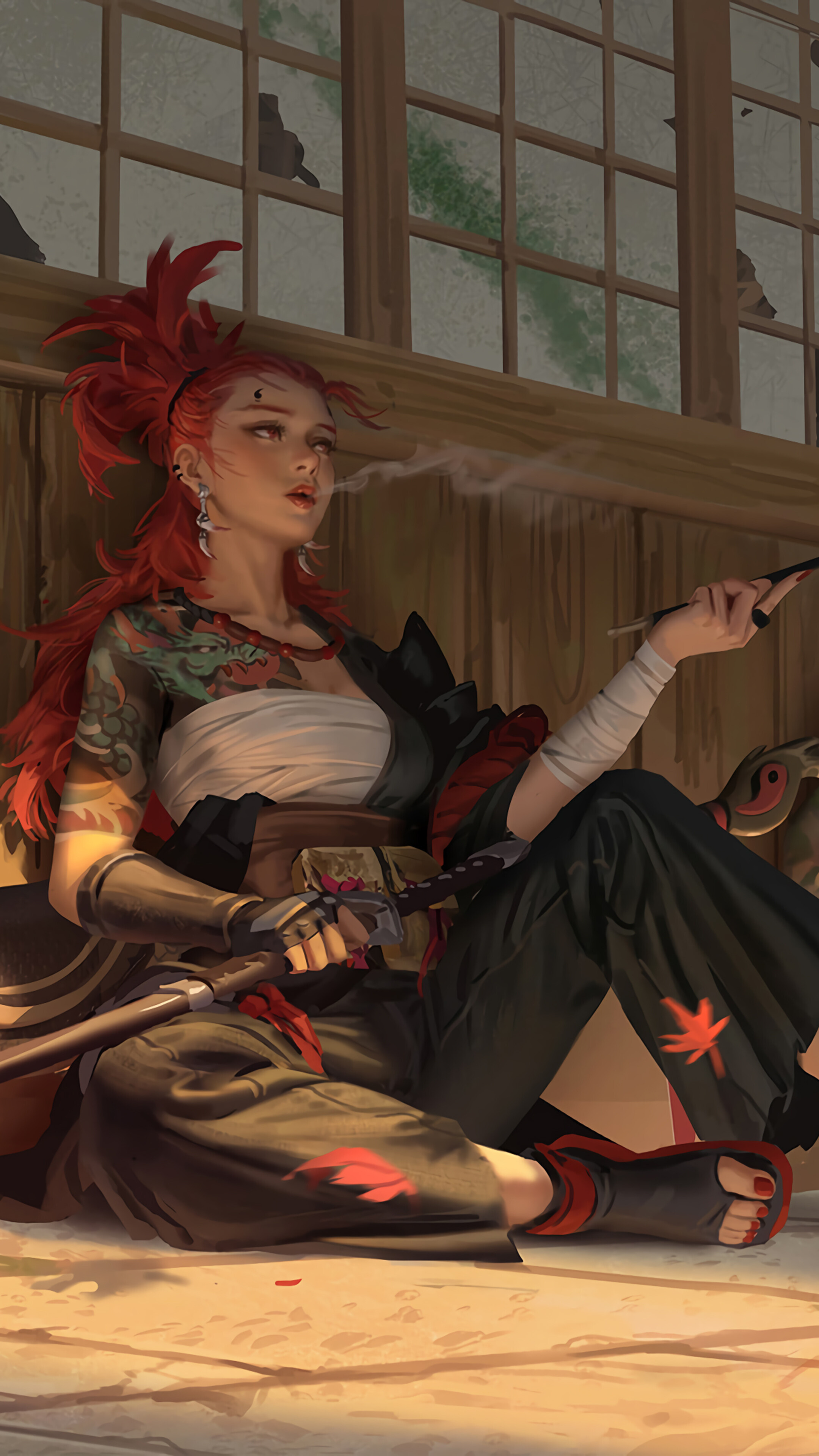 Red-haired female samurai, Dragon irezumi tattoo, Traditional kiseru pipe, 4K Phone wallpaper