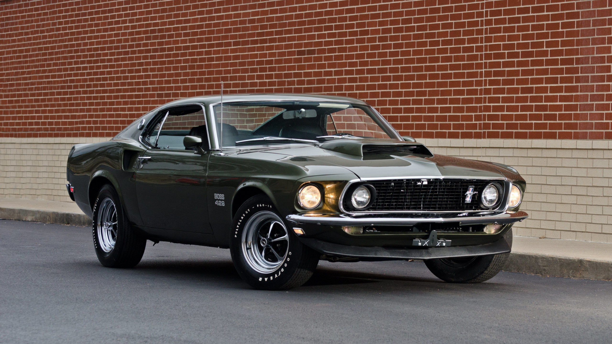 1969 Ford Mustang Boss 429, Magnum 500 wheels, Red brick wall, HD Desktop wallpaper