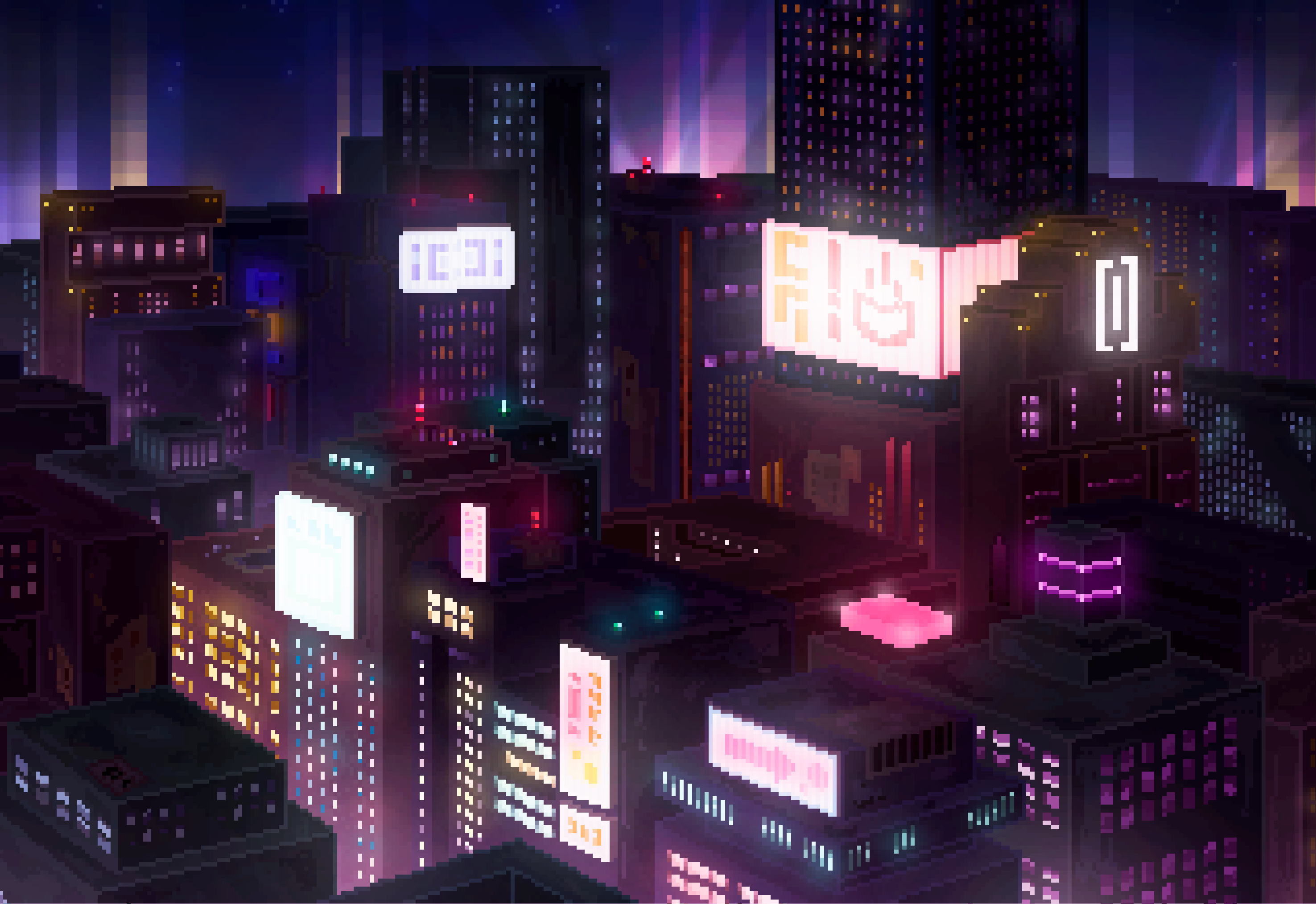 cyberpunk pixel art city, glowing neon billboards, futuristic night skyscrapers, HD Desktop wallpaper