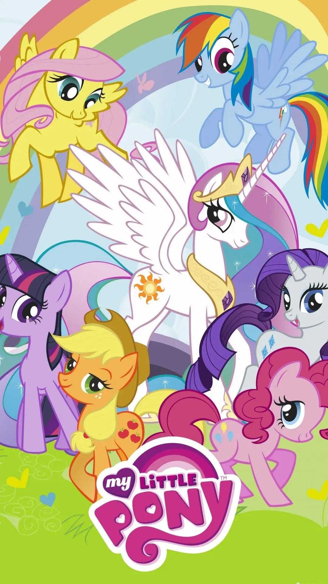 Princess Celestia, Twilight Sparkle, Rainbow Dash, Pinkie Pie, My Little Pony logo, Full HD Phone wallpaper