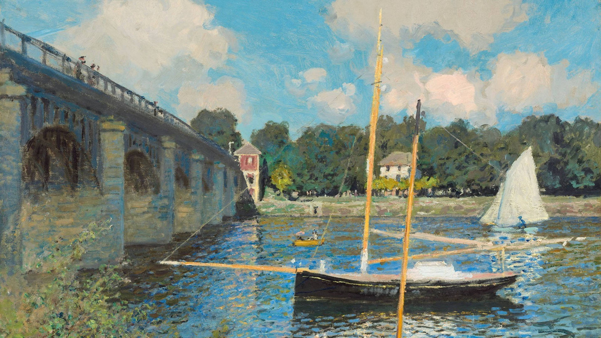 The Bridge at Argenteuil, Seine River, moored wooden sailboat, Full HD Desktop wallpaper