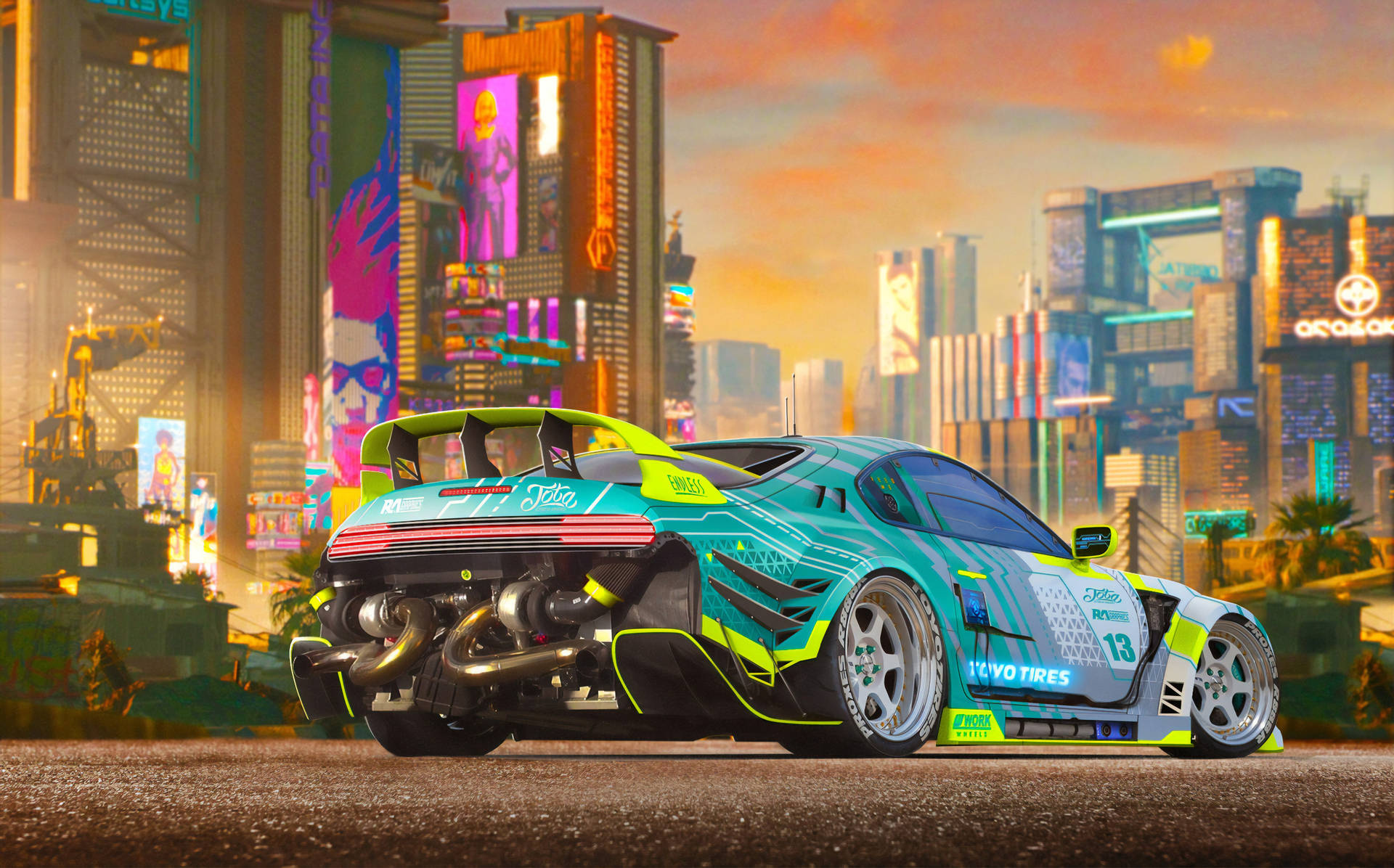custom widebody Mazda RX-7, Cyberpunk 2077 Night City, exposed rear twin turbos, HD Desktop wallpaper