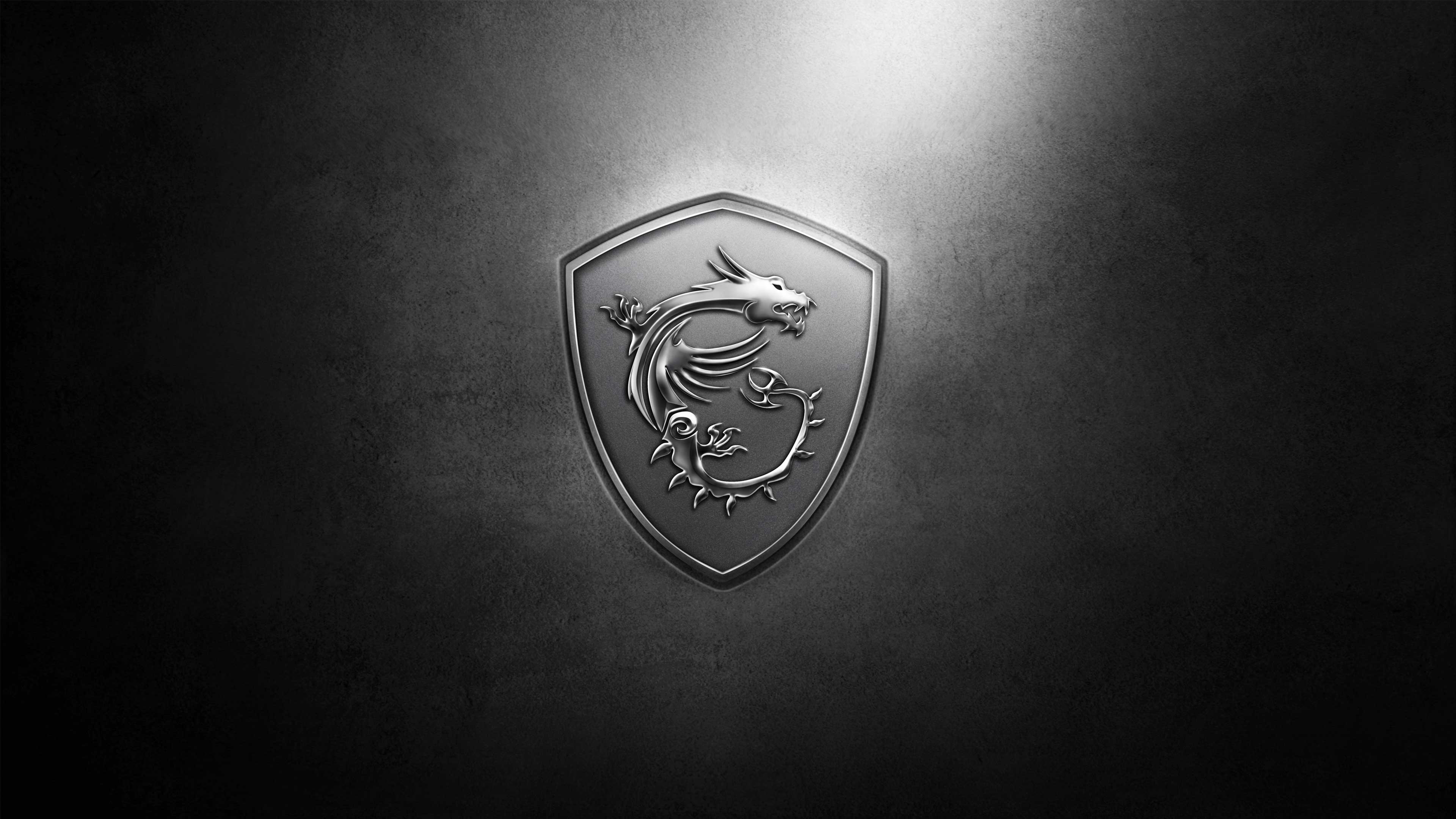 MSI dragon shield logo, embossed metallic dragon, dark textured metal surface, 4K Desktop wallpaper