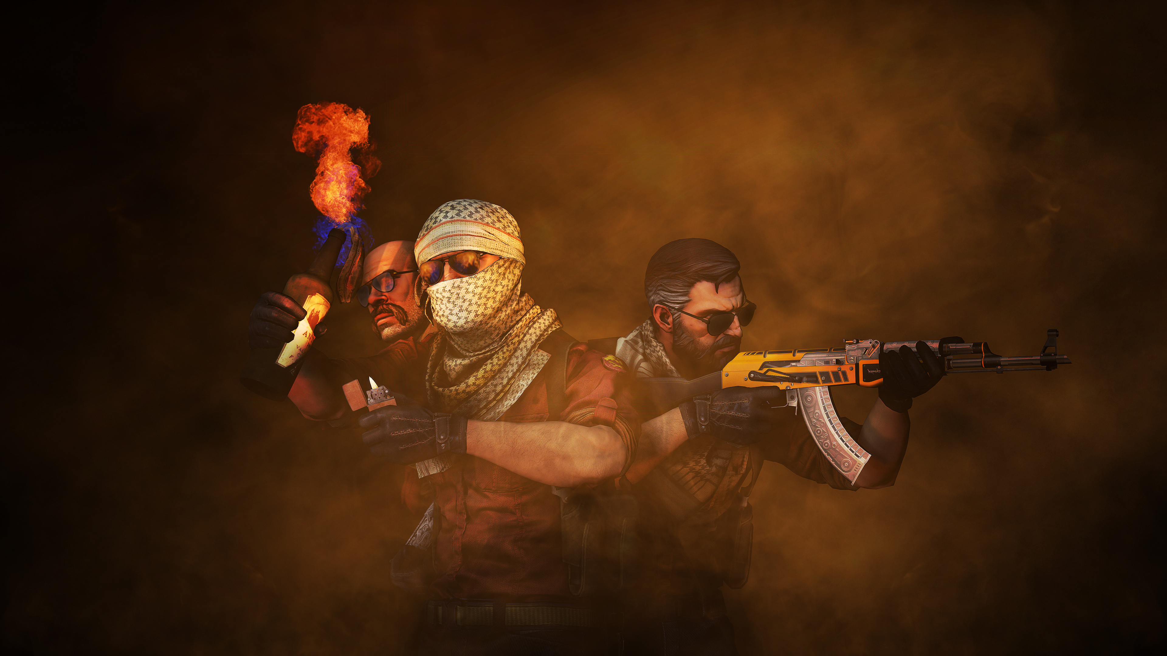 AK-47 Fuel Injector, Counter-Strike Terrorist agents, burning Molotov cocktail, 4K Desktop wallpaper