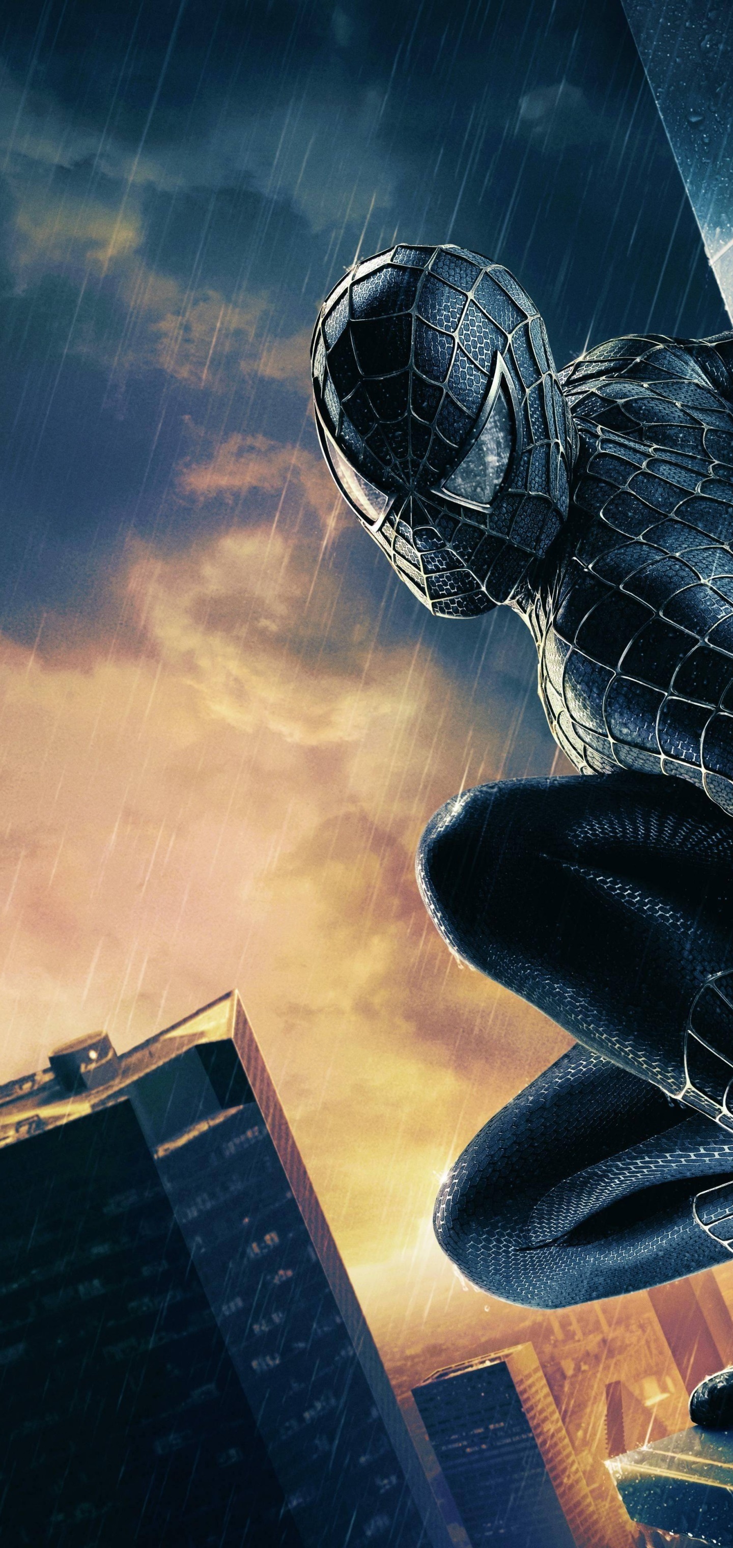 Black Suit Spider-Man, New York City skyscraper, Rainy stormy twilight sky, HD Phone wallpaper