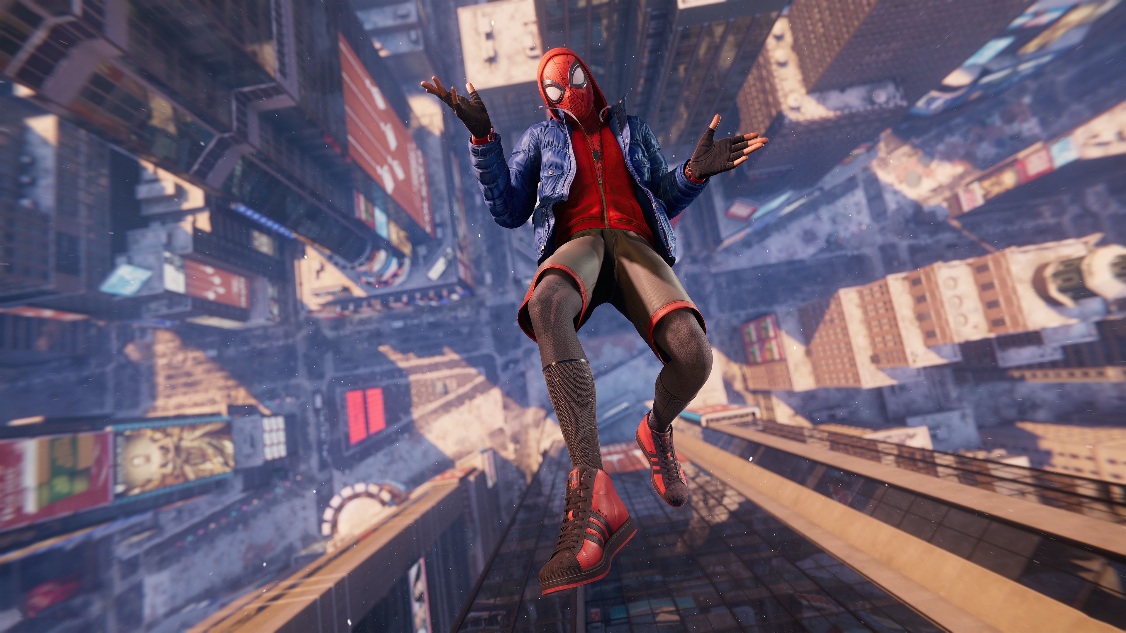Marvel's Spider-Man, Miles Morales, Blue puffer jacket, New York City, Times Square, Manhattan, 4K Desktop wallpaper