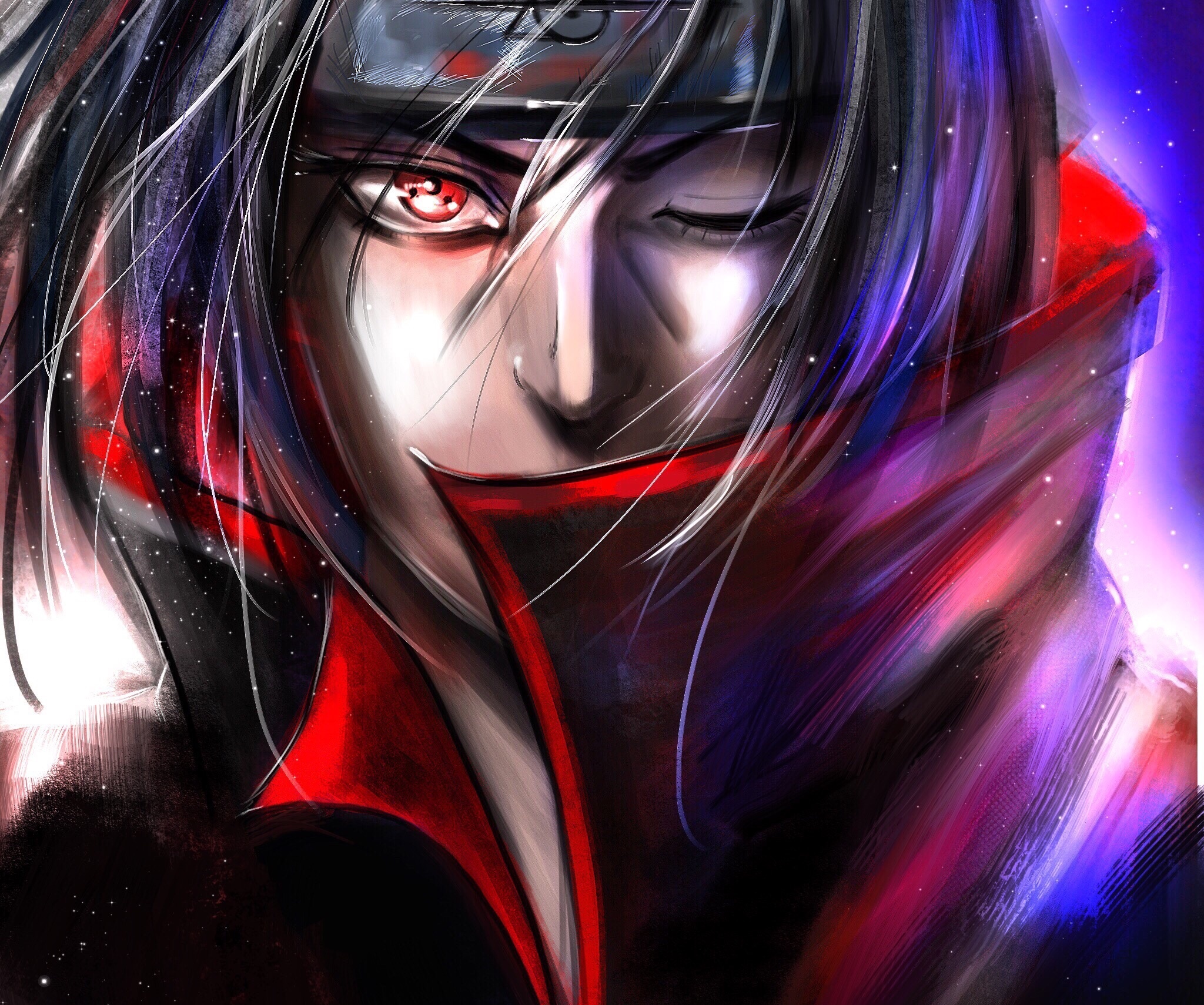 Itachi Uchiha, Sharingan eye, Akatsuki high collar cloak, HD Desktop wallpaper