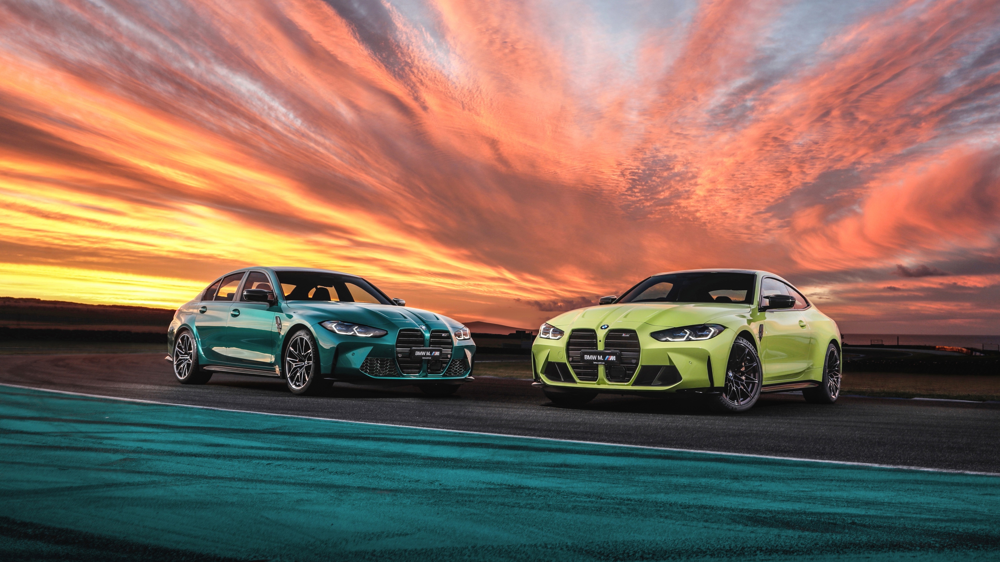 BMW M3 Sedan, BMW M4 Coupe, Dramatic sunset racetrack, 4K Desktop wallpaper