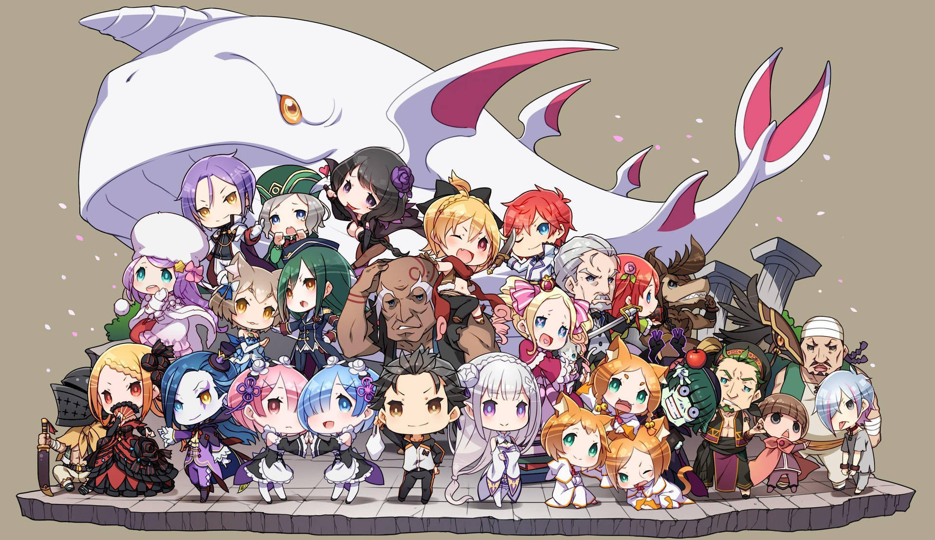 Re:Zero - Starting Life in Another World chibi cast, White Whale Hakugei, Subaru Natsuki and Emilia, Rem and Ram, Beatrice and Roswaal L Mathers, HD Desktop wallpaper