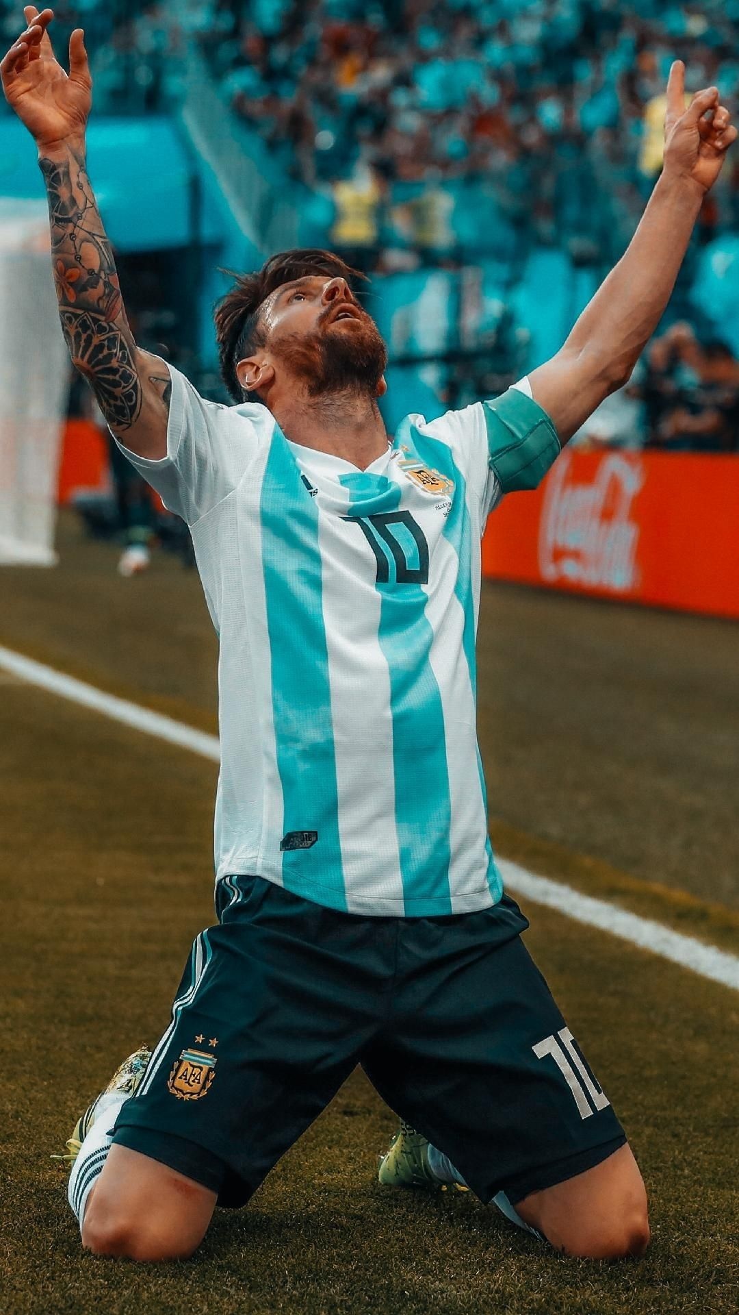 Lionel Messi, Argentina national football team kit, Kneeling goal celebration, Full HD Phone wallpaper