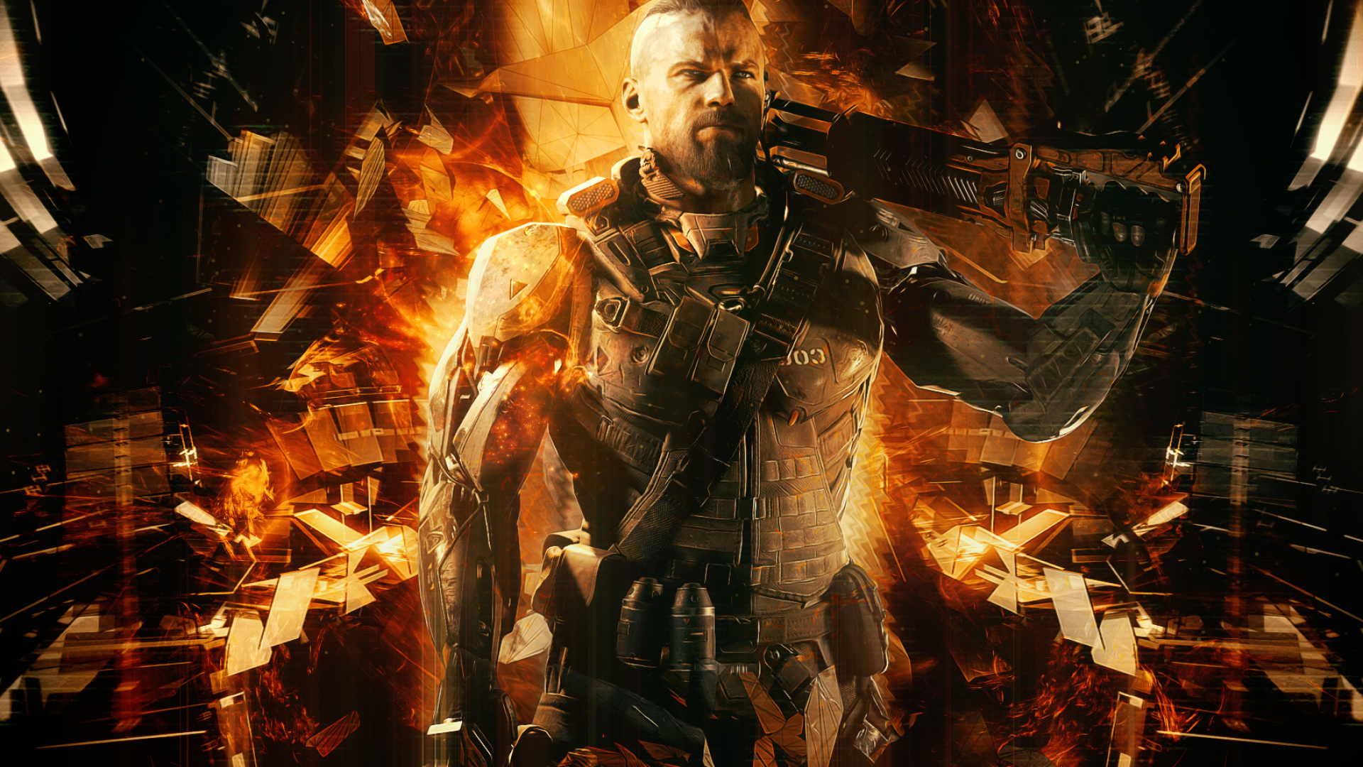 Donnie Ruin Walsh, Cybernetic combat suit, Fiery digital backdrop, Full HD Desktop wallpaper