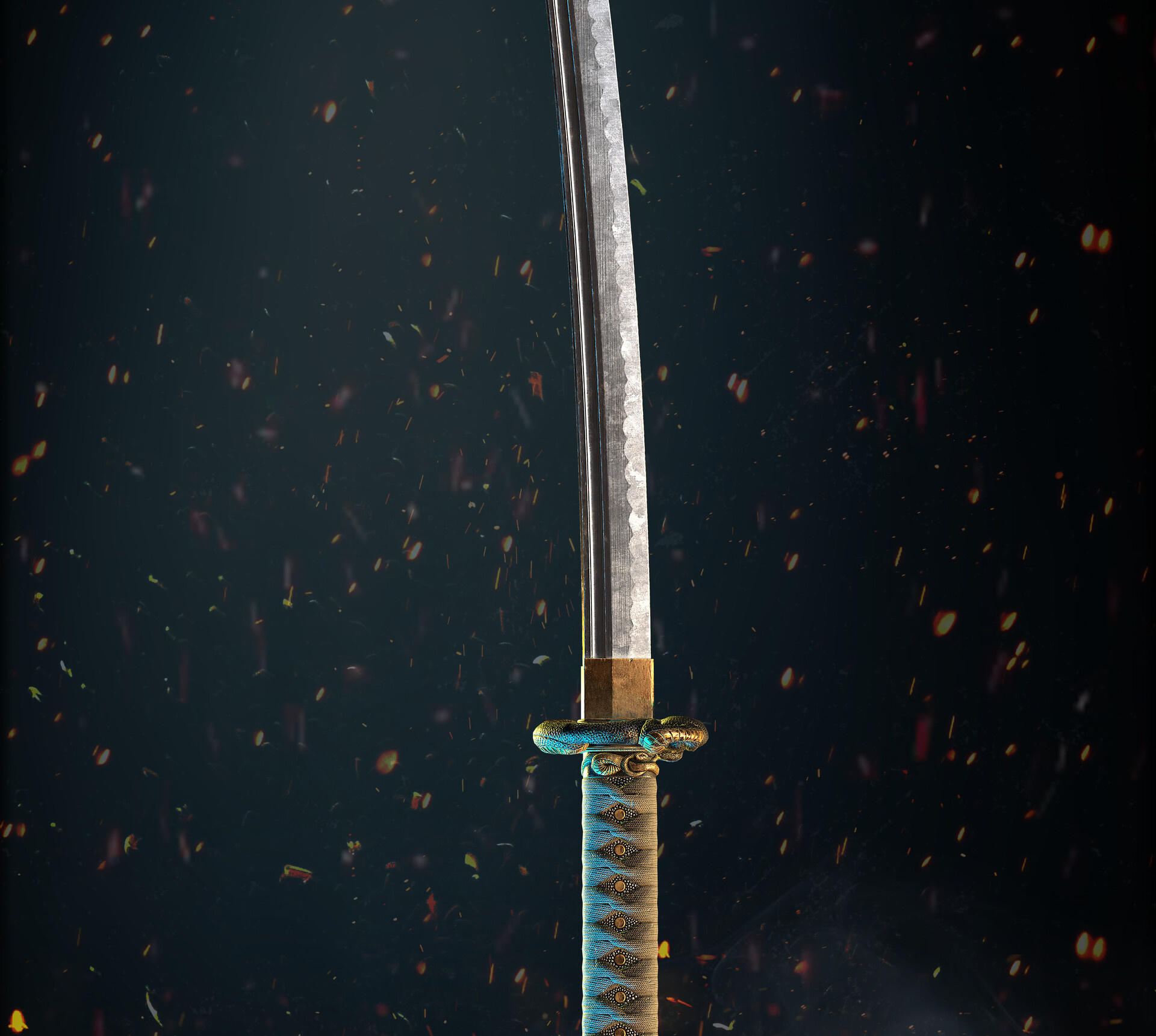 Japanese katana blade, Ornate golden tsuba guard, Floating glowing embers, HD Desktop wallpaper