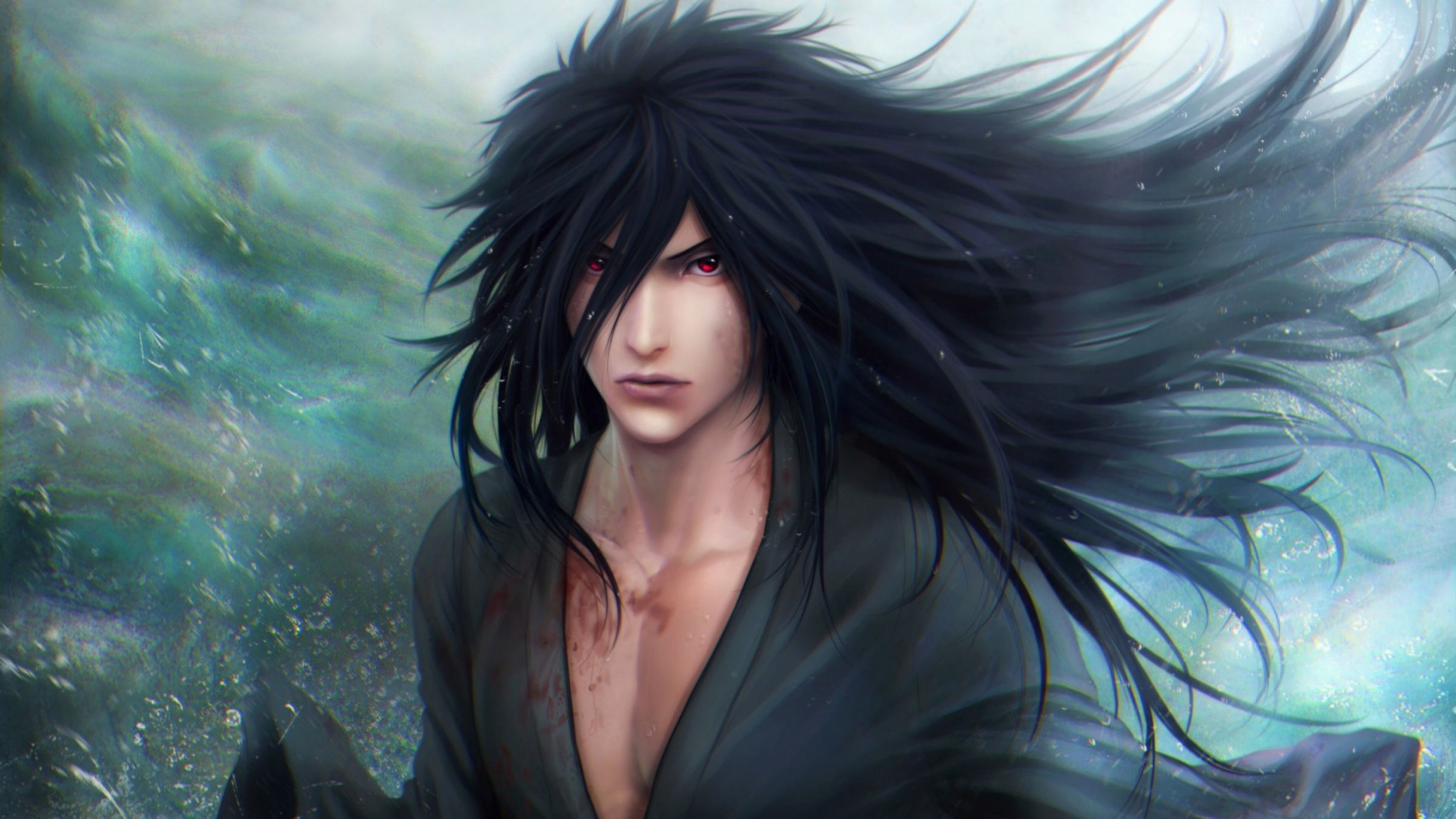 Madara Uchiha, red Sharingan eyes, stormy ocean waves, 4K Desktop wallpaper