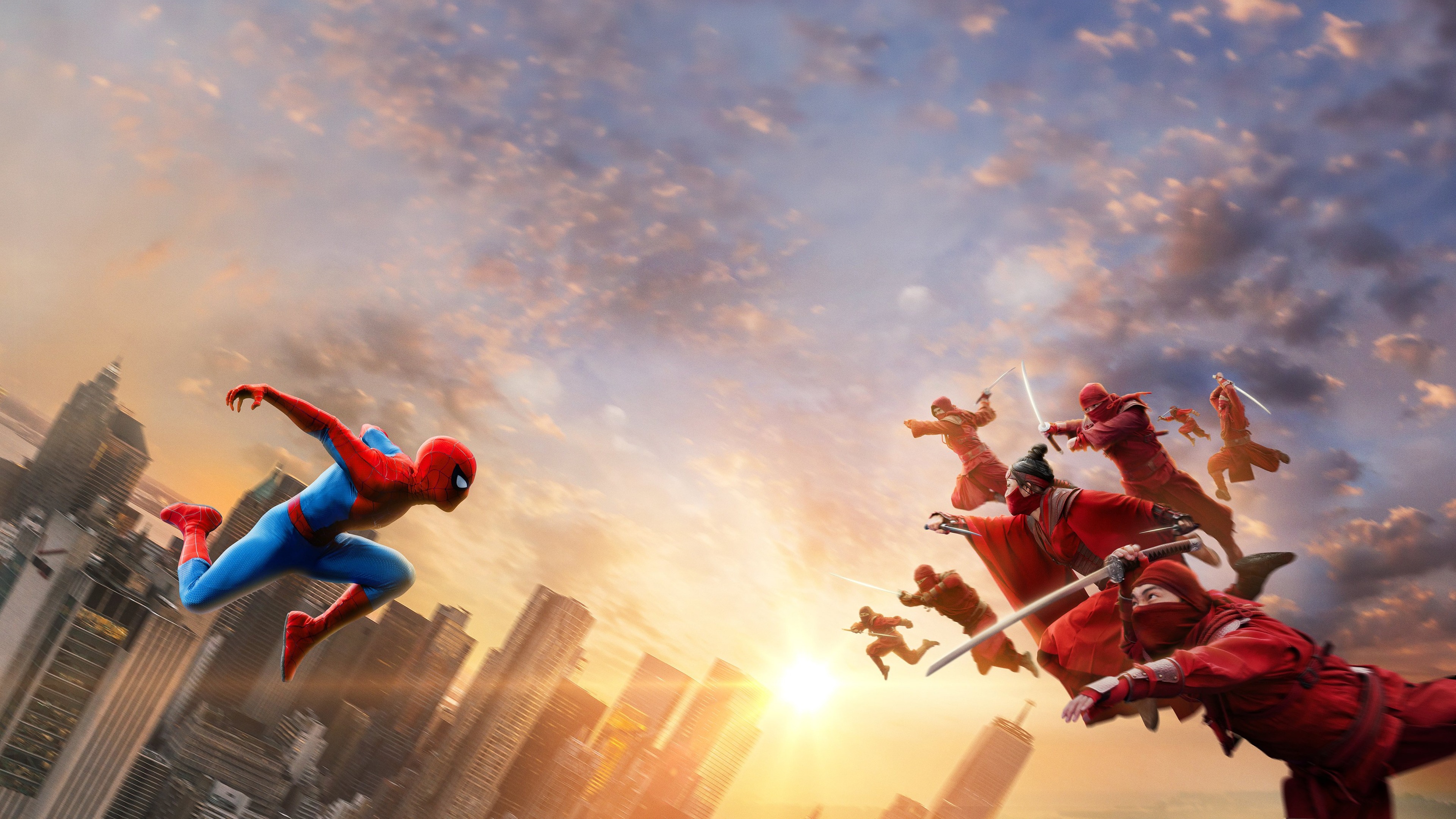 Brand New Day, The Hand, Spider-Man, Midair combat leap, Aerial city skyline, Golden sunset lighting, 4K Desktop wallpaper