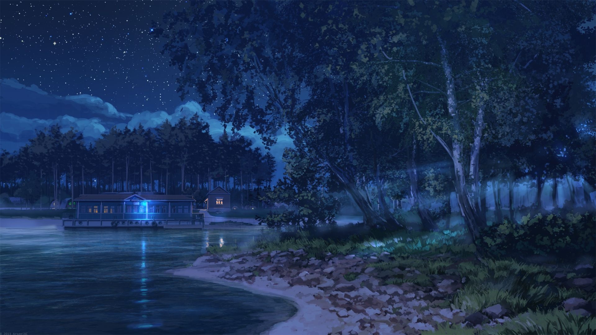 Everlasting Summer boathouse, starry night sky, rocky lake shoreline, Full HD Desktop wallpaper