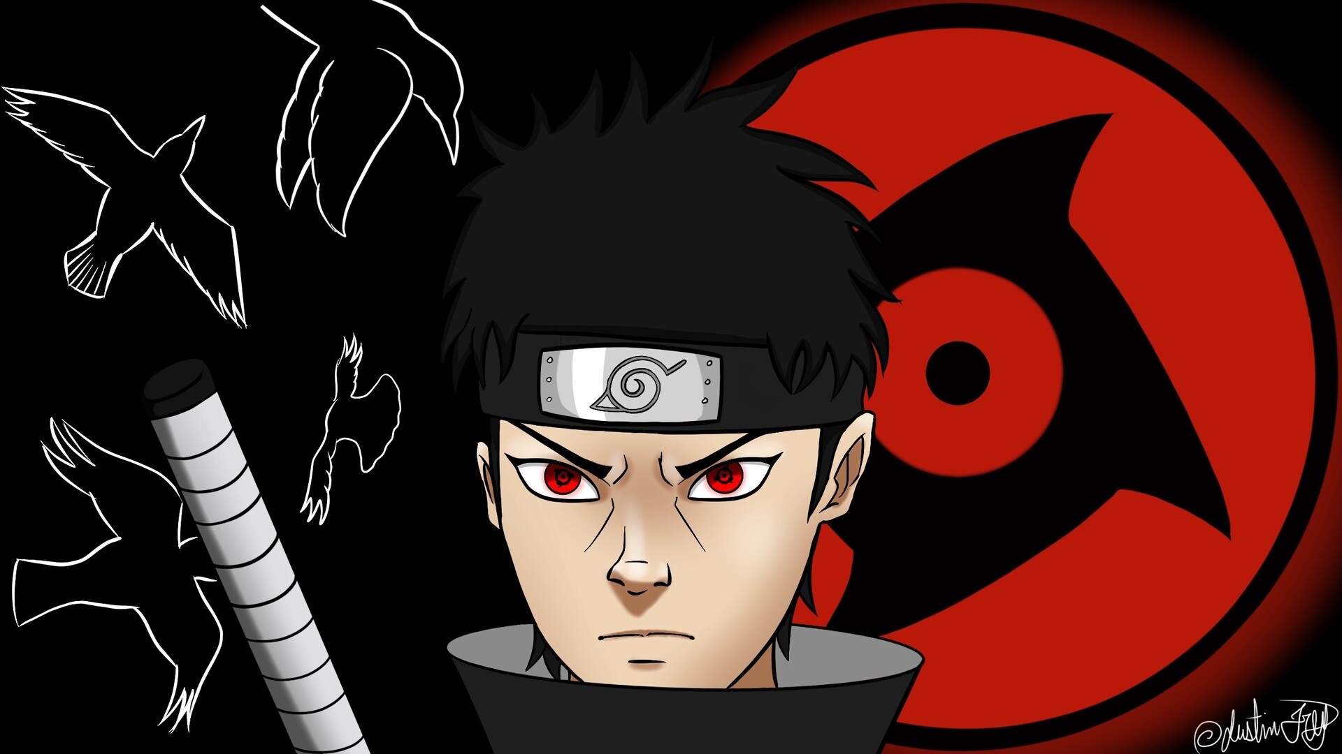 Shisui Uchiha, Shisui Mangekyo Sharingan, flying crow outlines, Full HD Desktop wallpaper