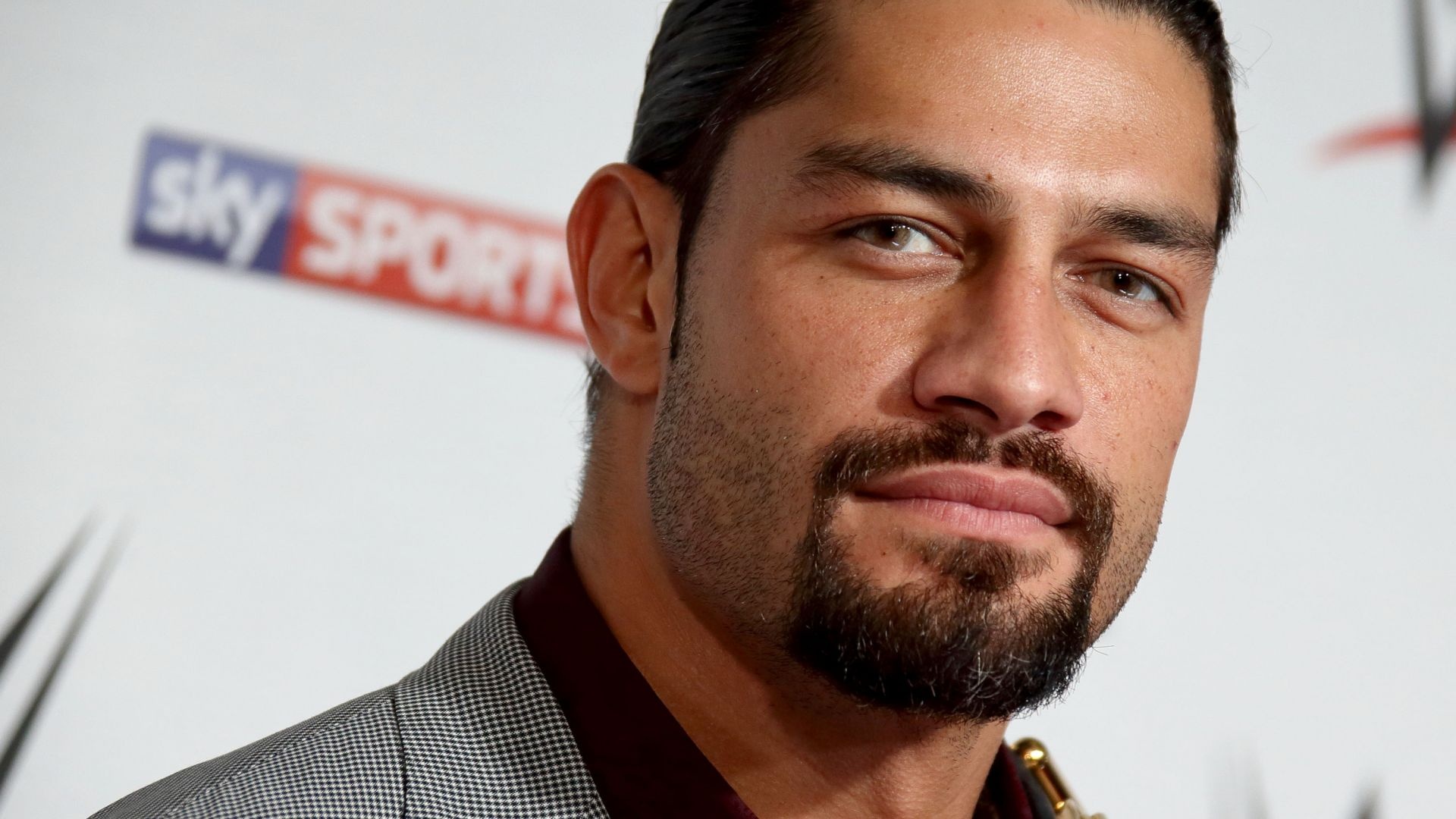 Roman Reigns, Sky Sport logo, houndstooth suit jacket, Full HD Desktop wallpaper