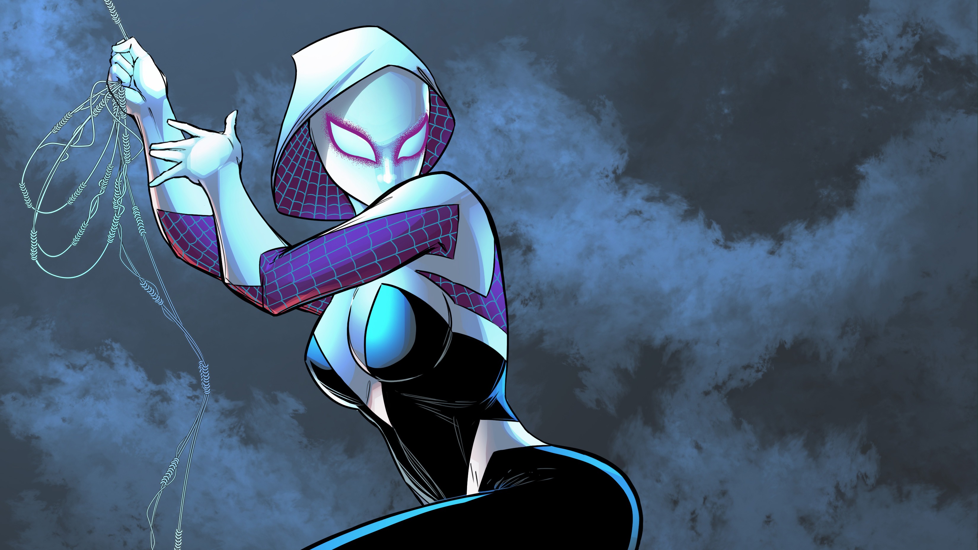 Spider-Gwen (Gwen Stacy), White hooded mask, Smoky blue background, HD Desktop wallpaper