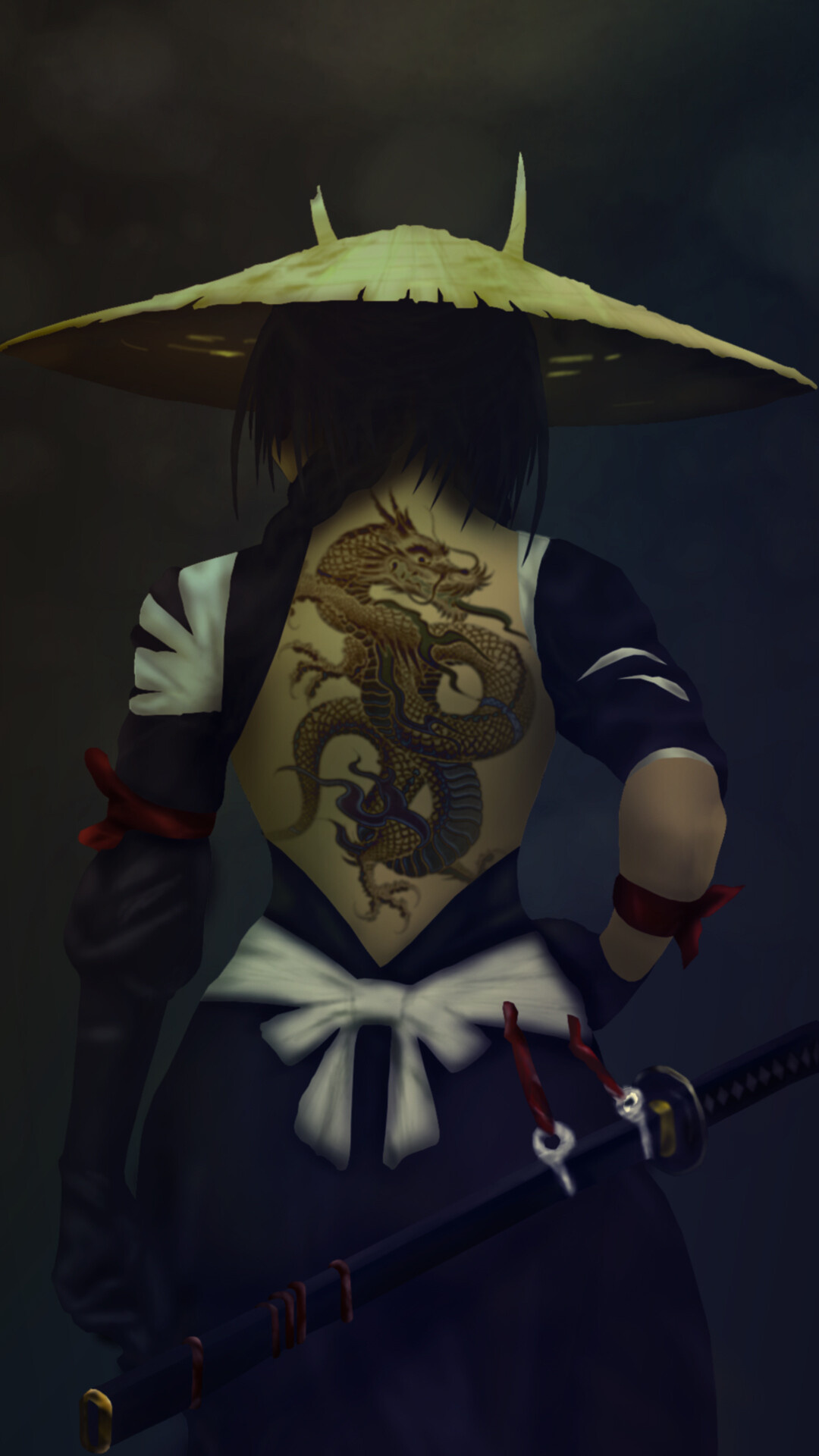 Japanese dragon tattoo, Female samurai warrior, Conical straw hat, Full HD Phone wallpaper