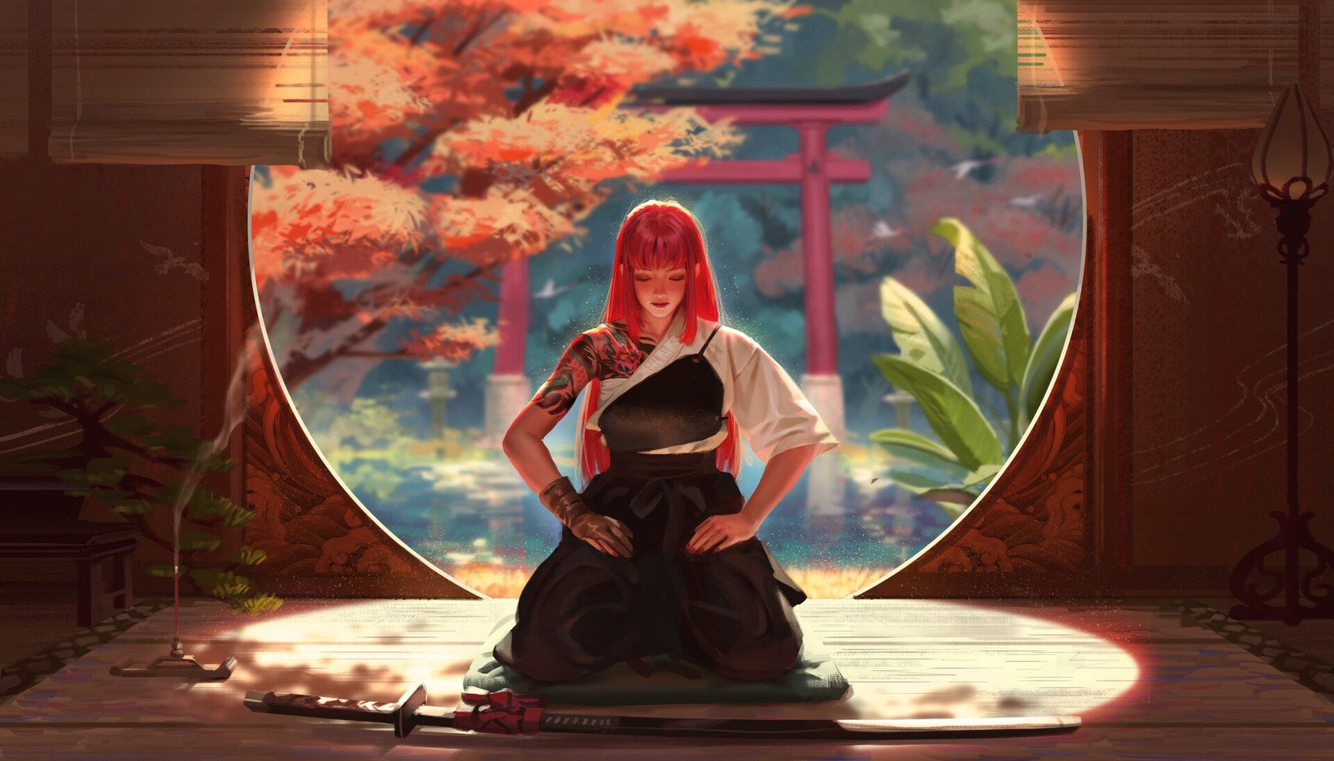 Kneeling red-haired samurai woman, Sheathed katana on floor, Torii gate garden view, HD Desktop wallpaper