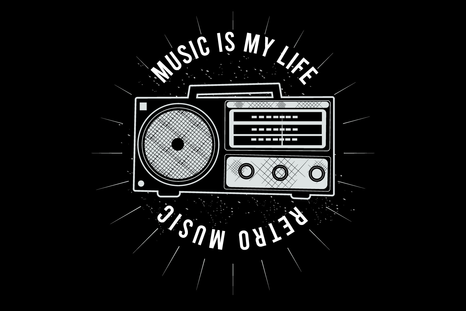 Vintage boombox illustration, Music Is My Life slogan, Black and white sunburst graphic, HD Desktop wallpaper