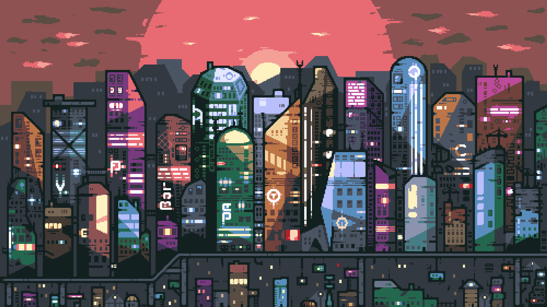 "Bar" neon sign, cyberpunk pixel art skyscrapers, pixel art sunset skyline, Full HD Desktop wallpaper