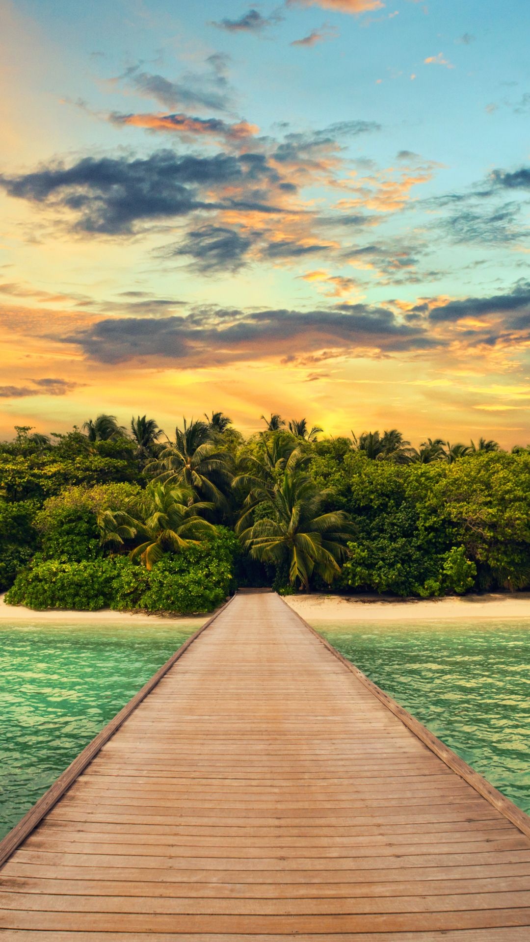 wooden boardwalk pier, tropical palm tree shore, golden sunset sky, Full HD Phone wallpaper
