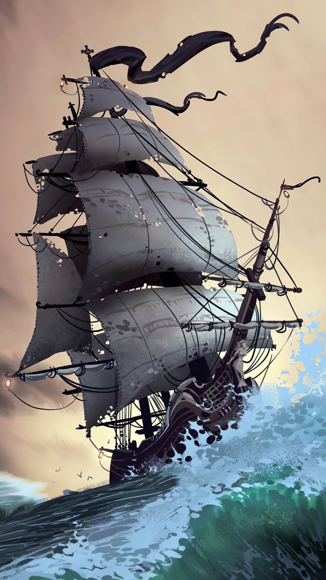 Ghost Ship, Fantasy voyage, Mystical aura, Enchanted ship, 1080x1920 Full HD Phone