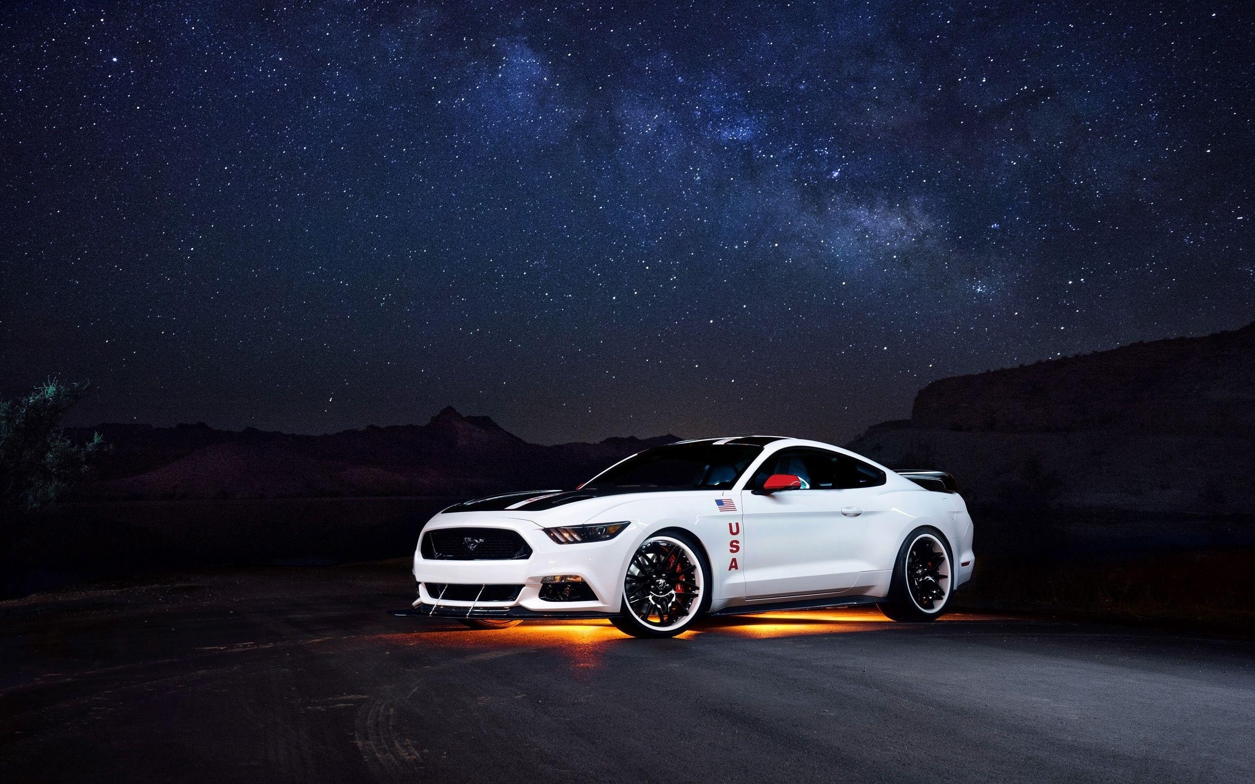 Ford Mustang GT, Milky Way night sky, Orange underglow lighting, HD Desktop wallpaper