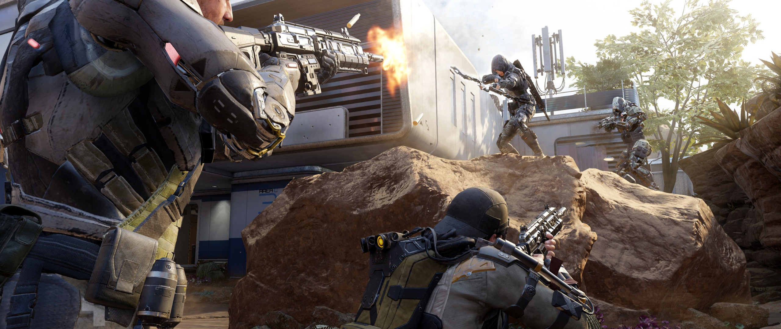 Call of Duty: Black Ops III, Outrider with Sparrow bow, Cybernetic specialist soldiers firefight, Dual Screen Desktop wallpaper