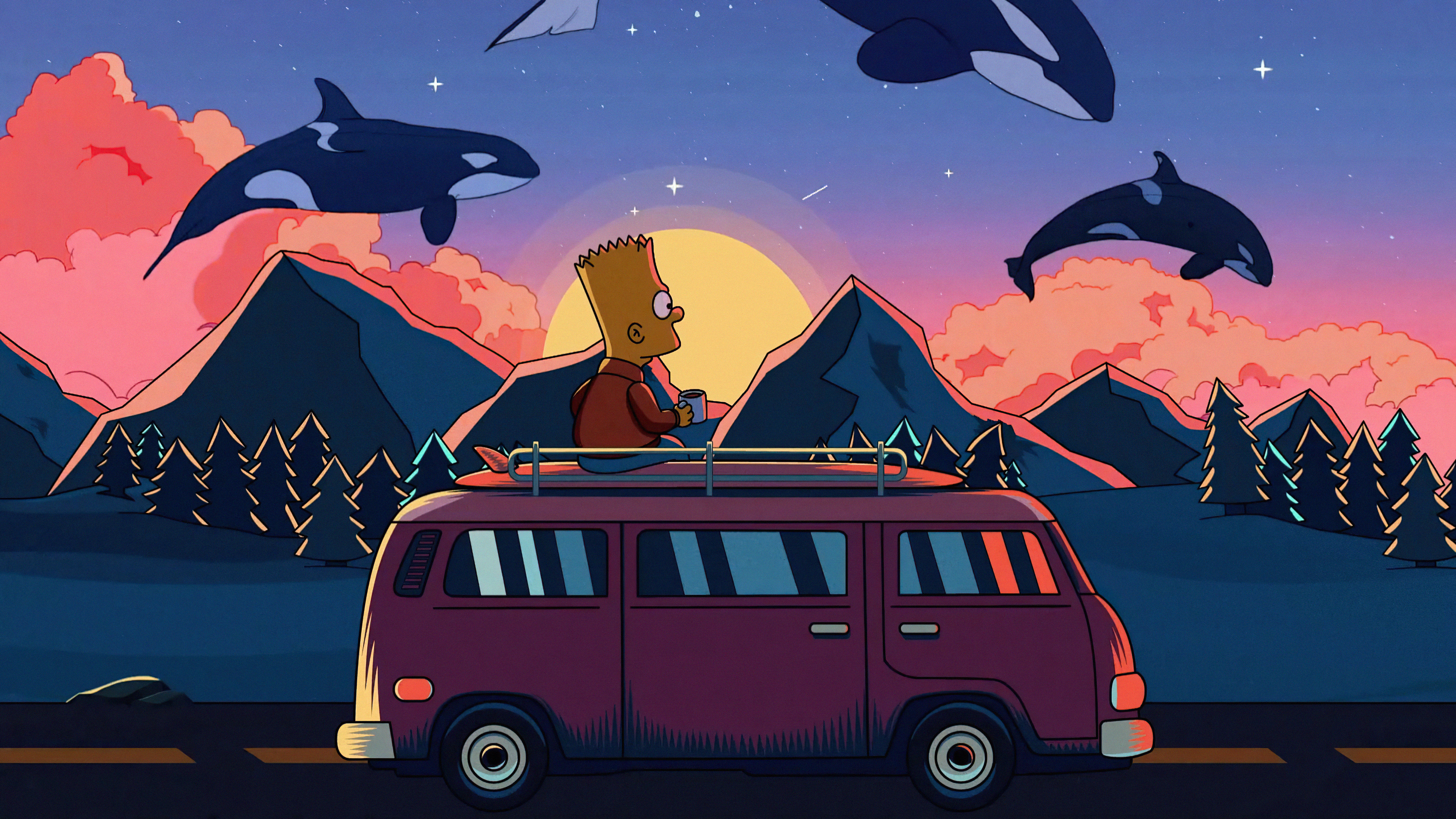 Bart Simpson, Flying orca whales, Vintage camper van, 4K Desktop wallpaper