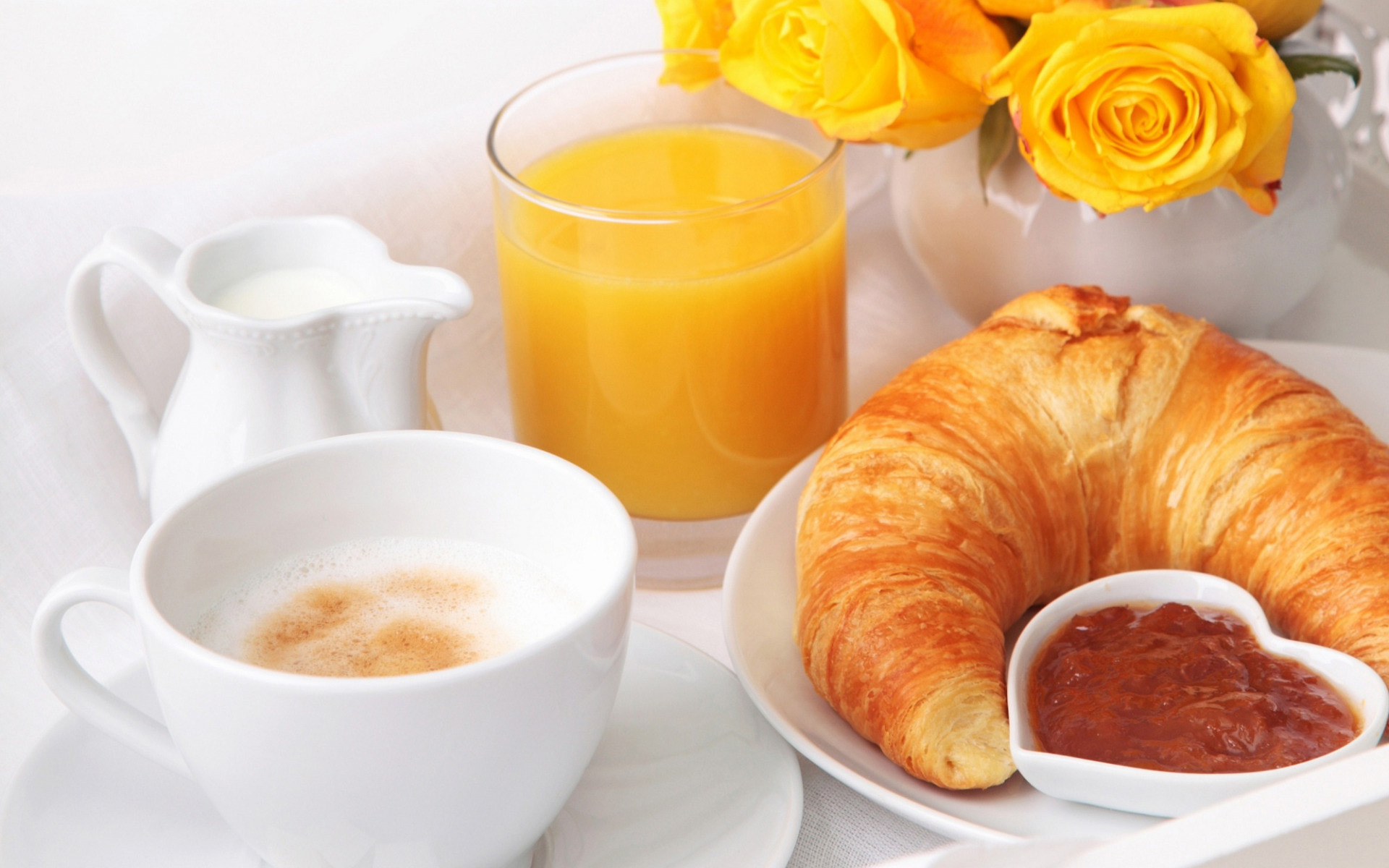 Coffee and croissant, Healthy breakfast, Juice and croissant, Refreshing start, 1920x1200 HD Desktop