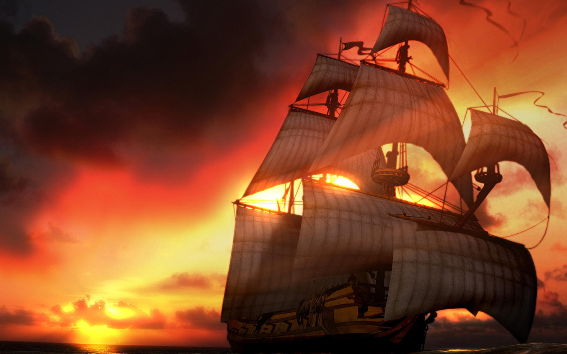 Full-rigged wooden galleon, Fiery sunset cloudscape, Sunlit ocean horizon, HD Desktop wallpaper