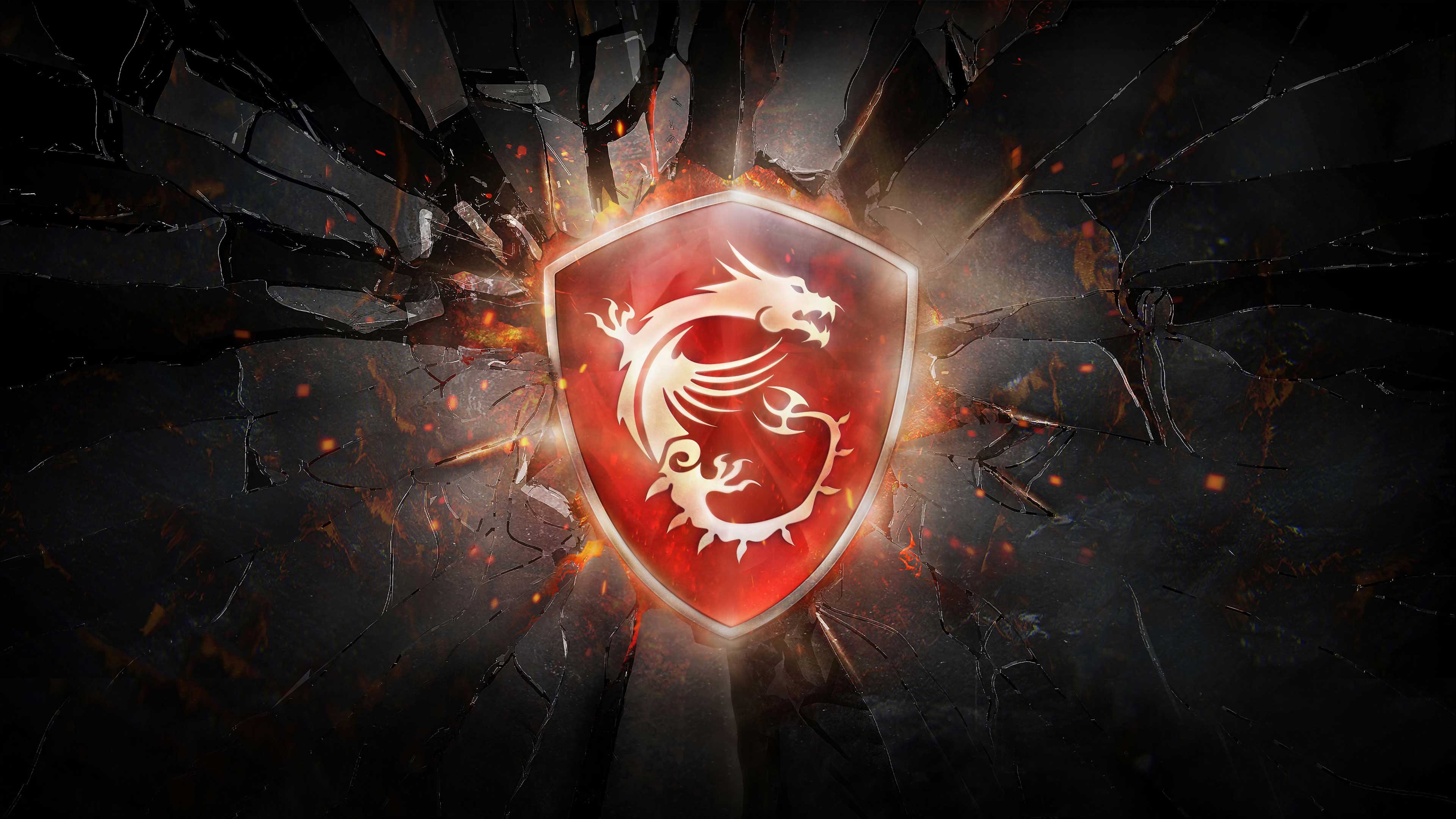 MSI Gaming dragon logo, shattered glass shards, fiery glowing embers, 4K Desktop wallpaper