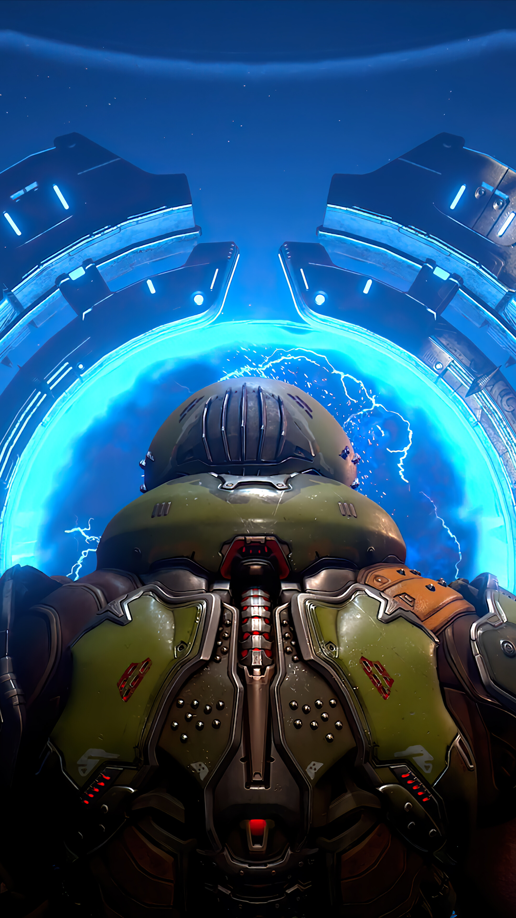 Doom Slayer Praetor Suit, Glowing blue energy portal, Sci-fi teleportation gateway, 4K Phone wallpaper