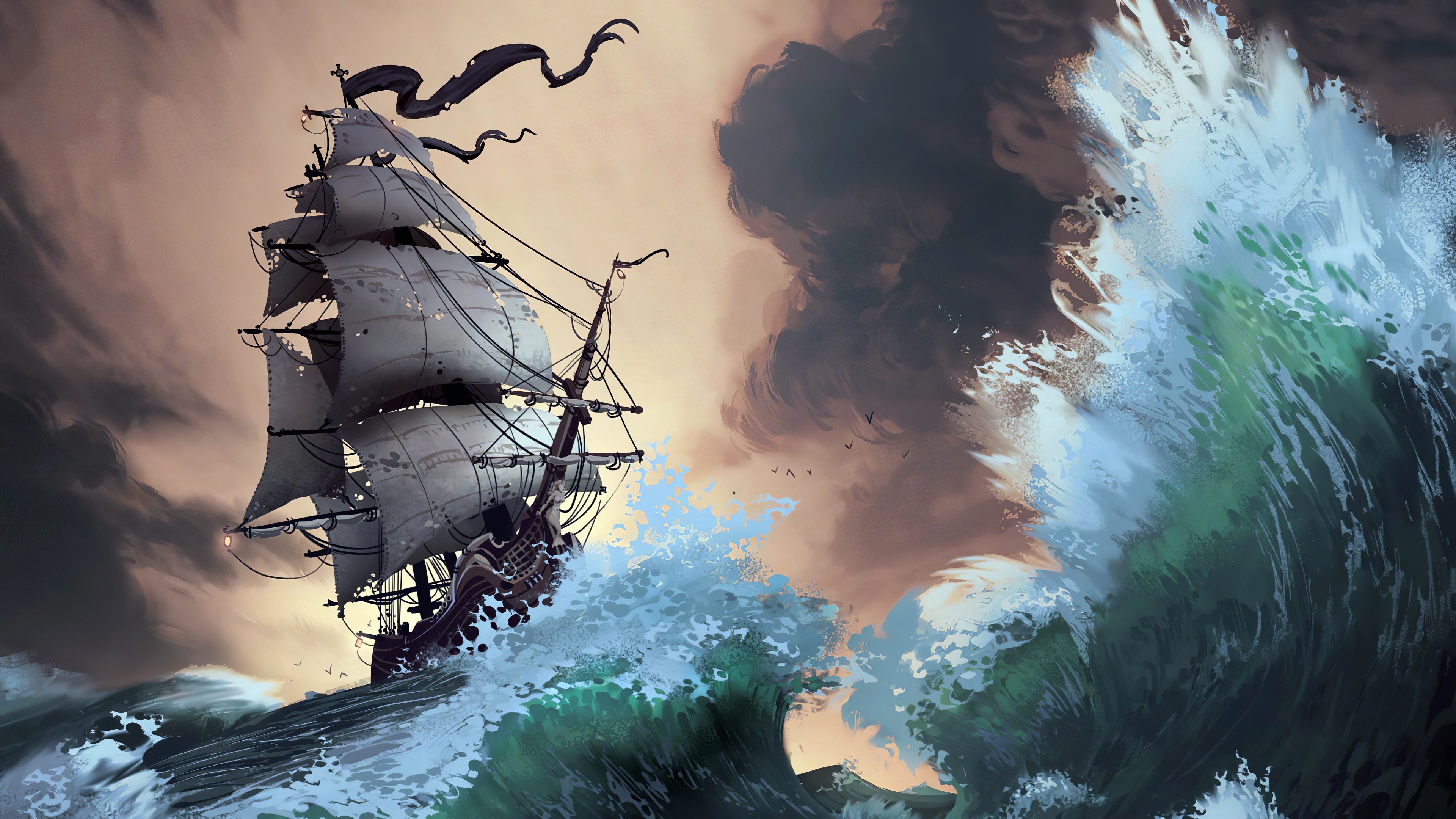 Full-rigged pirate ship, Massive crashing wave, Stormy sea tempest, 4K Desktop wallpaper