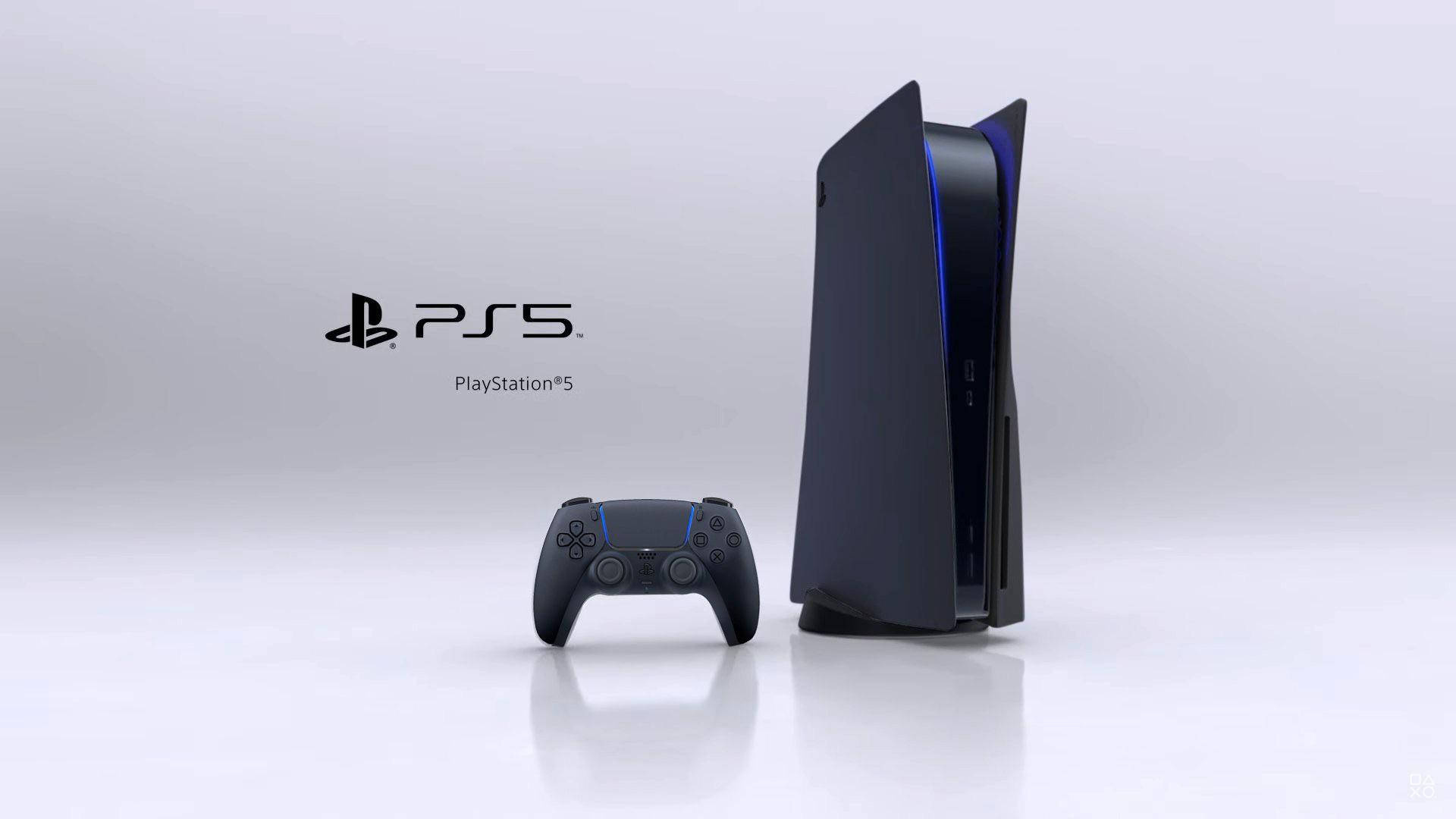 Black PlayStation 5 console, Black DualSense controller, PS5 logo lettering, Full HD Desktop wallpaper