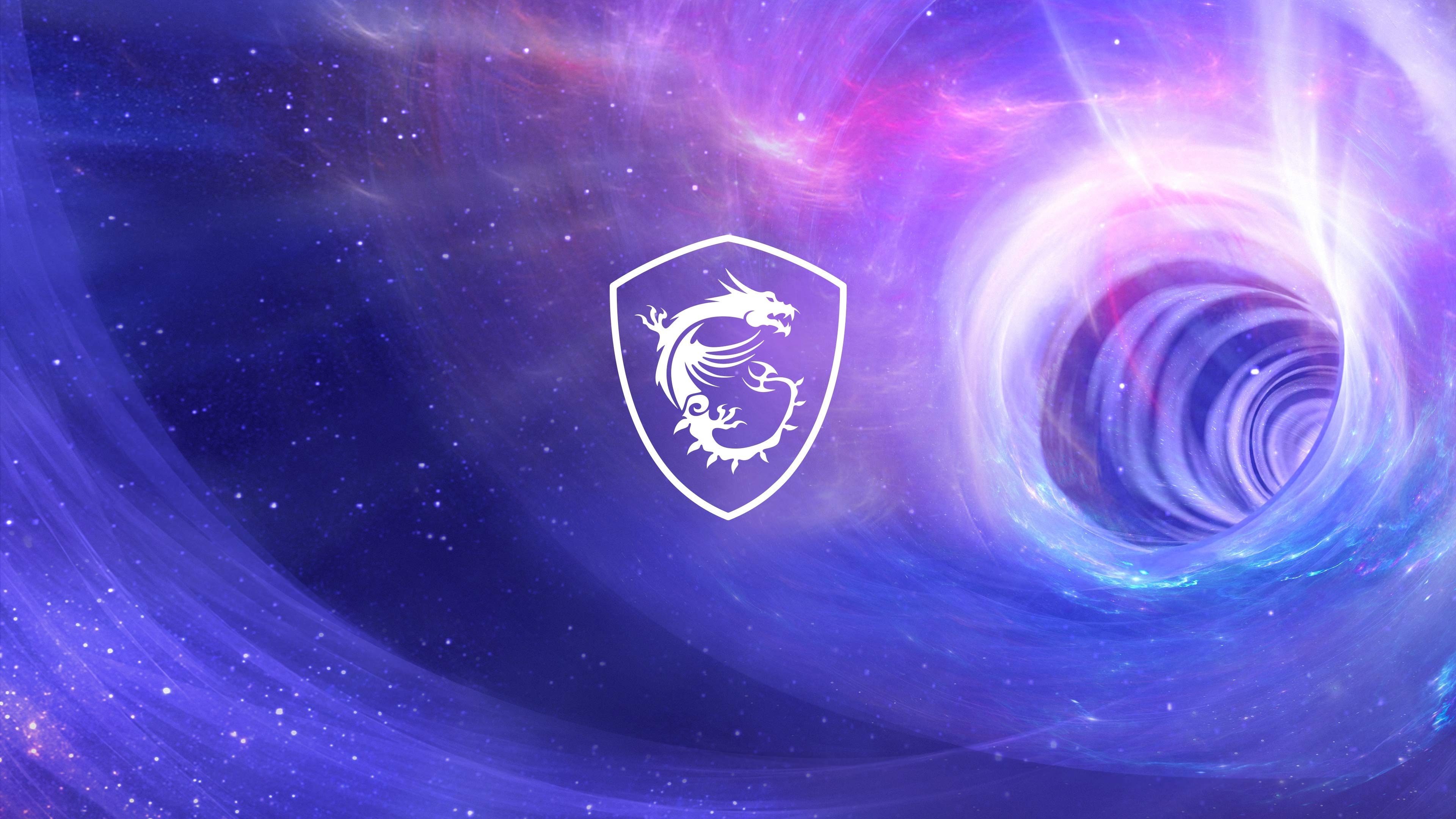 MSI dragon shield logo, cosmic wormhole vortex, purple starry nebula, 4K Desktop wallpaper