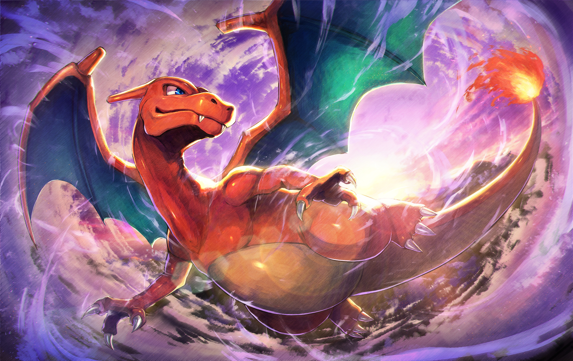 Charizard, Swirling energy vortex, Flaming tail, HD Desktop wallpaper