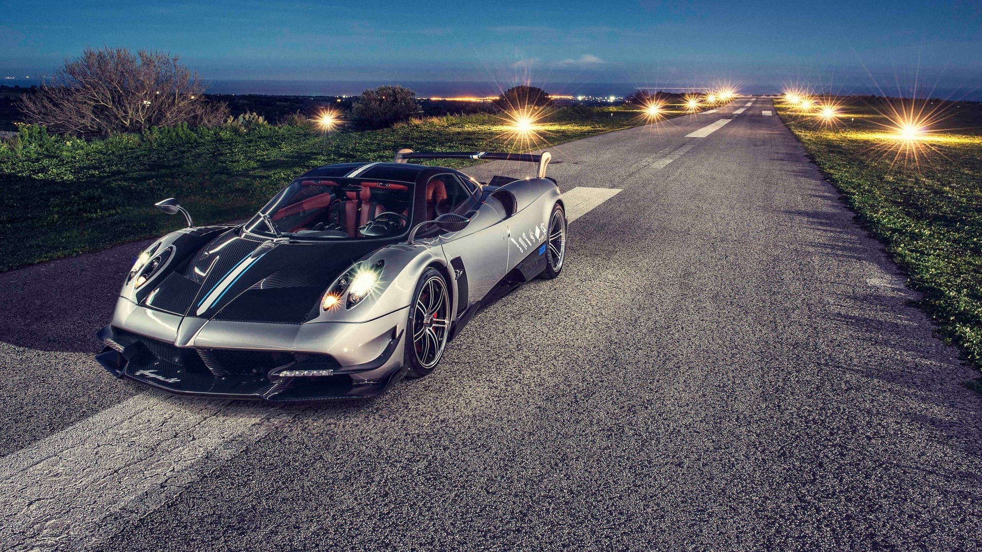 Pagani Huayra BC, Illuminated airport runway, Dusk runway lights, Full HD Desktop wallpaper